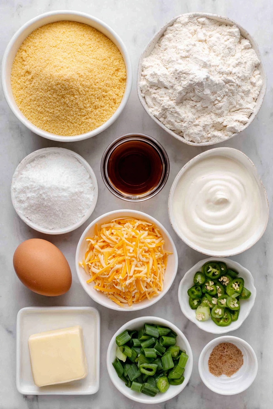 Flat lay of a small mound of golden yellow cornmeal, a neat pile of pale all-purpose flour, a few scattered sea salt crystals, a tiny heap of white baking powder, a pinch of baking soda, a small white ceramic bowl filled with creamy almond milk, one whole large brown egg with a clean shell, a small white bowl of amber maple syrup, a small white bowl of golden extra-virgin olive oil, fresh green scallions whole and chopped, a small pile of bright green seeded jalapeño peppers diced, a small mound of vivid orange shredded cheddar cheese, and a small pat of pale yellow butter placed on a simple white ceramic dish, all arranged in perfect symmetry on a clean white marble surface, soft natural light, photo taken with an iPhone, professional food photography style, fresh ingredients, white ceramic bowls, no bottles, no duplicates, no utensils, no packaging --ar 2:3 --v 7 --p awthu7i m7354615311229779997 - Spicy Jalapeño Cornbread, jalapeño cornbread with heat, spicy cornbread recipe, flavorful jalapeño cornbread, easy spicy cornbread
