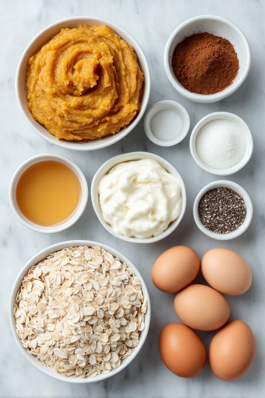 Flat lay of a small white ceramic bowl of fresh pumpkin puree, a small white ceramic bowl filled with golden maple syrup, a small white ceramic bowl of fine light brown sugar, a small white ceramic bowl holding rich dark instant espresso powder, a small white ceramic bowl containing warm brown pumpkin pie spice, a small white ceramic bowl with smooth vanilla Greek yogurt, a small white ceramic bowl of creamy milk, a neatly heaped pile of old-fashioned rolled oats, a small white ceramic bowl with tiny black chia seeds, a small cluster of whole uncracked brown eggs arranged symmetrically, placed on a clean white marble surface, soft natural light, photo taken with an iPhone, professional food photography style, fresh ingredients, white ceramic bowls, no bottles, no duplicates, no utensils, no packaging --ar 2:3 --v 7 --p awthu7i m7354615311229779997 - Pumpkin Spice Latte Overnight Oats, fall breakfast recipes, cozy overnight oats, pumpkin flavored breakfast, easy make-ahead breakfast