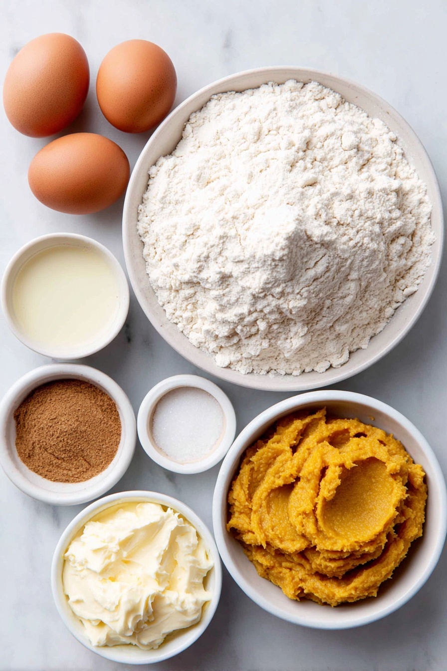 Flat lay of a small mound of all purpose flour on a simple white ceramic plate, a small white bowl filled with light brown sugar, a small white bowl containing vibrant orange pumpkin puree, two whole uncracked brown eggs, a small white bowl of pale golden neutral oil, a small white bowl of creamy milk, a small white bowl holding a golden-brown mixture of pumpkin pie spice, a pinch of kosher salt arranged neatly beside the spice bowl placed on a clean white marble surface, soft natural light, photo taken with an iPhone, professional food photography style, fresh ingredients, white ceramic bowls, no bottles, no duplicates, no utensils, no packaging --ar 2:3 --v 7 --p awthu7i m7354615311229779997 - Pumpkin Waffles with Pumpkin Pie Spice, pumpkin waffles, fall breakfast ideas, pumpkin spice waffles, cozy breakfast recipes