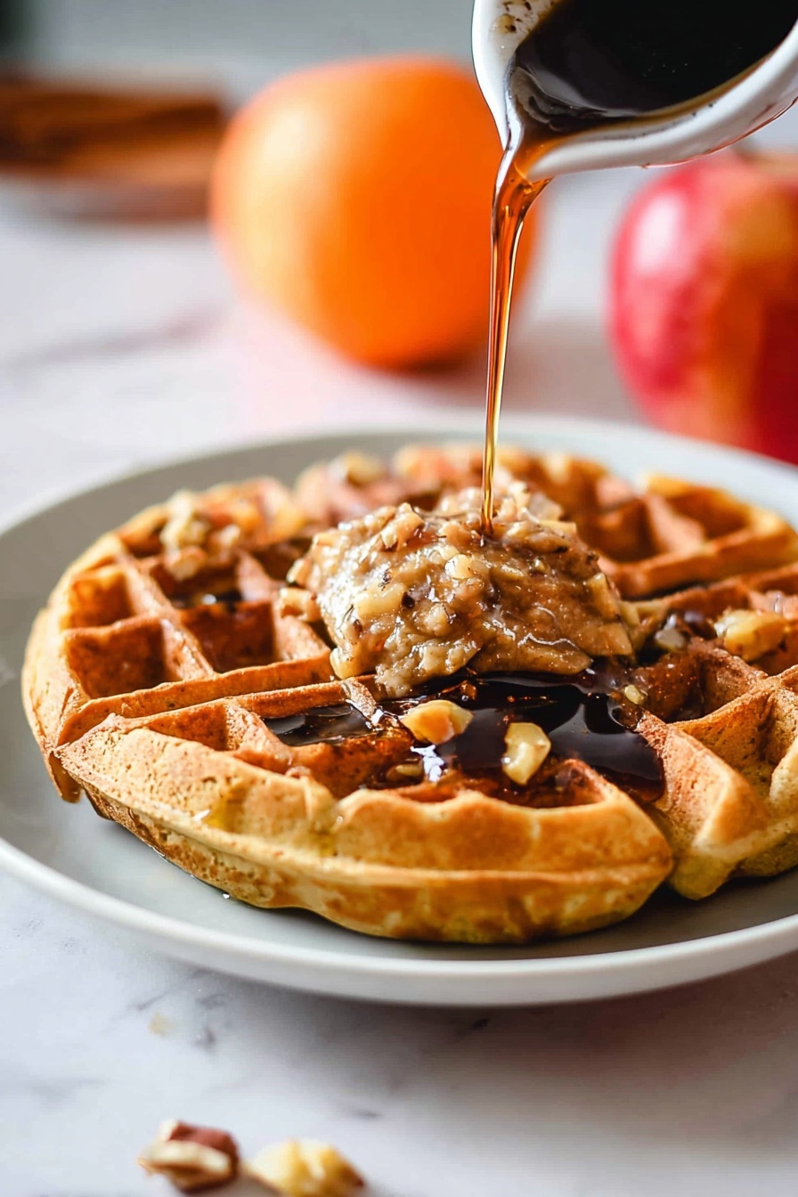 Two thick waffle pieces with a golden brown color sit on a white plate with a thin blue rim. The waffles have a textured grid pattern filled with syrup and a dollop of nut butter on top, which looks creamy and slightly chunky. A silver spoon with syrup is pouring a thin stream of syrup onto the front waffle, making it glisten. A white-handled fork rests next to the waffles. The background is blurred with warm tones and some fruits in soft focus. The surface beneath the plate is a white marbled texture. photo taken with an iphone --ar 2:3 --v 7 - Pumpkin Waffles with Pumpkin Pie Spice, pumpkin waffles, fall breakfast ideas, pumpkin spice waffles, cozy breakfast recipes
