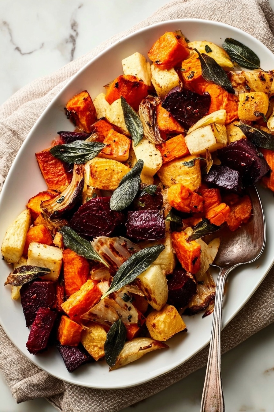 A white oval plate filled with a colorful mix of roasted root vegetables, including orange sweet potato chunks, deep purple beet pieces, yellow parsnip slices, and bright orange carrot rounds, all roasted to a slightly caramelized texture. Fresh green sage leaves are scattered on top, adding a fresh contrast to the warm tones of the vegetables. A silver spoon with a simple handle rests on the right edge of the plate. The dish sits on a white marbled surface with a beige cloth napkin partially visible in the upper right corner. Photo taken with an iphone --ar 2:3 --v 7 - Roasted Root Vegetables with Crispy Sage, roasted root vegetables, crispy sage side dish, easy roasted root vegetables, cozy vegetable side