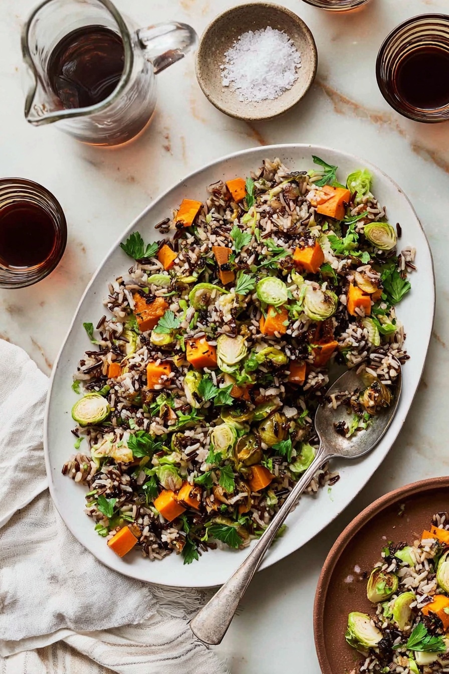 A large white oval plate holds a salad made of three main layers: the bottom layer is made of mixed rice including wild and brown rice with a slightly shiny and crunchy texture; the middle layer shows bright orange roasted sweet potato pieces with a soft and roasted texture spread widely across the rice; the top layer includes thin light green Brussels sprout slices and fresh green parsley leaves scattered evenly to add crispness and color contrast. Near the top edge of the plate, a tarnished silver spoon rests partially inside the salad, picking up some rice, sweet potato, and Brussels sprouts. The plate sits on a white marbled surface alongside a brown round plate carrying a smaller serving of the same salad. There is a small bowl filled with white coarse salt towards the left and two glass cups—one filled with dark liquid and the other with bubbles—toward the top right. A clear glass pitcher of water is also near the top left corner. Part of a white cloth with thin gray stripes lies near the bottom right. Photo taken with an iphone --ar 2:3 --v 7 - Wild Rice Pilaf with Roasted Sweet Potatoes, healthy wild rice side dish, easy holiday side recipes, comforting vegetarian mains, flavorful roasted vegetable recipes