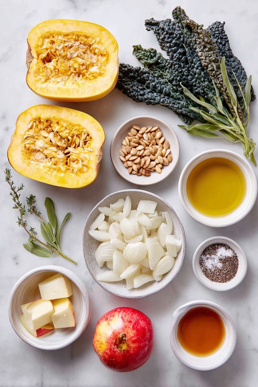 Flat lay of a fresh delicata squash cut into thick half-moon pieces, a small pile of halved pearl onions, a handful of glossy pepitas and pine nuts mixed together, several torn dark green lacinato kale leaves, a few chopped sage leaves, fresh thyme sprigs with vibrant green leaves, one small diced gala apple with bright red and yellow skin, a small white ceramic bowl with golden extra-virgin olive oil, a small white ceramic bowl containing amber apple cider vinegar, a tiny bowl with finely minced garlic, a separate bowl with smooth pale Dijon mustard, a very small bowl holding light amber maple syrup, and a simple white ceramic bowl sprinkled with coarse sea salt and cracked black pepper, all arranged symmetrically on a clean white marble surface, soft natural light, photo taken with an iPhone, professional food photography style, fresh ingredients, white ceramic bowls, no bottles, no duplicates, no utensils, no packaging --ar 2:3 --v 7 --p awthu7i m7354615311229779997 - Roasted Delicata Squash with Apples, delicious fall vegetable side dish, healthy roasted delicata squash recipe, easy fall squash and apple side, cozy autumn vegetables