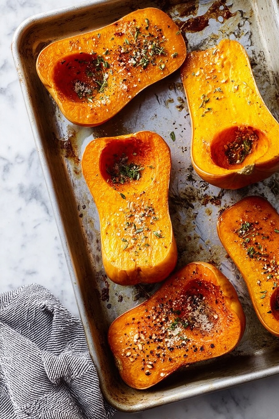 The image shows a metal baking tray with six halves of roasted butternut squash arranged loosely across it. Three halves have the deeper orange flesh side up, revealing a soft texture with some herbs and blackened bits sprinkled across for seasoning. The other three halves are flipped, showing the golden-brown skin side with a smooth, slightly shiny surface and some specks of seasoning. The tray has some oily spots and small burnt bits around the squash. Under the tray, a part of a grey and white striped cloth is visible on a white marbled surface. photo taken with an iphone --ar 2:3 --v 7 - Roasted Honeynut Squash with Whipped Ricotta, Honeynut Squash recipes, Fall vegetable dishes, Easy holiday starter, Cozy autumn recipes