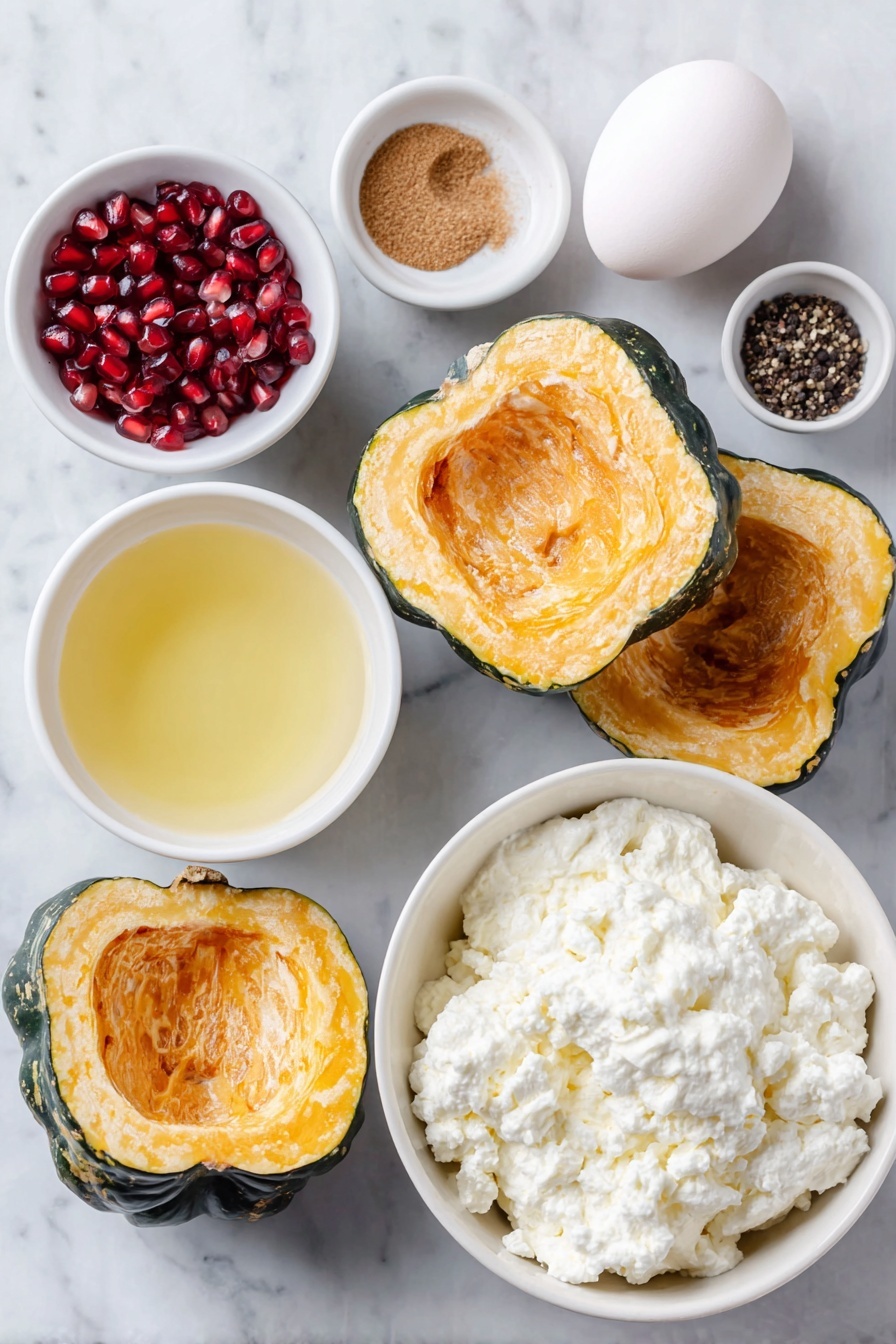 Flat lay of two quartered acorn squash with deep green and orange hues, a small white ceramic bowl of golden olive oil, a whole clean egg with smooth shell, a small white ceramic bowl filled with creamy fresh ricotta cheese, a small white ceramic bowl of bright red pomegranate seeds, a small white ceramic bowl holding amber honey, freshly grated nutmeg scattered softly nearby on the white surface, and a small pinch of coarse kosher salt and freshly cracked black pepper crystals placed symmetrically on the marble, placed on a clean white marble surface, soft natural light, photo taken with an iPhone, professional food photography style, fresh ingredients, white ceramic bowls, no bottles, no duplicates, no utensils, no packaging --ar 2:3 --v 7 --p awthu7i m7354615311229779997 - Roasted Acorn Squash with Ricotta and Pomegranate, acorn squash recipes, fall vegetable dishes, healthy roasted squash, easy winter side dishes