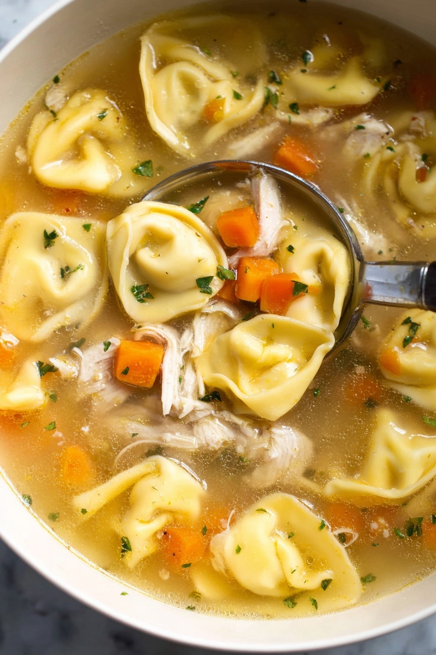 This image shows a close-up view of a bowl of clear broth soup filled with three main layers: the large, yellow tortellini pasta with a smooth, slightly wrinkled texture placed throughout; small, bright orange carrot cubes scattered evenly; and pieces of shredded white meat chicken mixed in. Small bits of green herbs float on top, adding a pop of color. A silver spoon with a long handle is scooping up the soup from the bowl, which is white, set on a white marbled surface. The broth has a light golden color and looks warm and inviting. Photo taken with an iphone --ar 2:3 --v 7 - Chicken Tortellini Soup, Easy Chicken Tortellini Soup, Comforting Tortellini Soup, Homemade Chicken Tortellini Soup, Quick Chicken Tortellini Soup