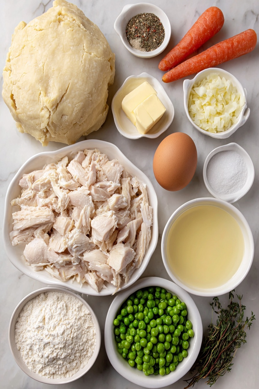 Flat lay of a small mound of pale yellow homemade pie crust dough disk, a pile of cubed raw boneless skinless chicken breast, two bright orange carrots sliced into rounds, several fresh celery stalks sliced lengthwise and crosswise, a small pat of unsalted butter, a handful of chopped yellow onion, a single peeled garlic clove minced, a small white bowl of all-purpose flour, a small white bowl of coarse salt, a small white bowl of freshly ground black pepper, a few sprigs of fresh dried thyme leaves, a small white bowl filled with golden chicken broth, a small white bowl with creamy half-and-half, a small pile of vibrant frozen green peas, one whole large brown egg with a smooth shell, a small white bowl with milk, and a few fresh green thyme sprigs for garnish, all arranged symmetrically on simple white ceramic dishes, placed on a clean white marble surface, soft natural light, photo taken with an iPhone, professional food photography style, fresh ingredients, white ceramic bowls, no bottles, no duplicates, no utensils, no packaging --ar 2:3 --v 7 --p m7354615311229779997 - Homemade Chicken Pot Pie, chicken pot pie from scratch, easy chicken pot pie, comforting chicken pot pie recipe, flaky chicken pie