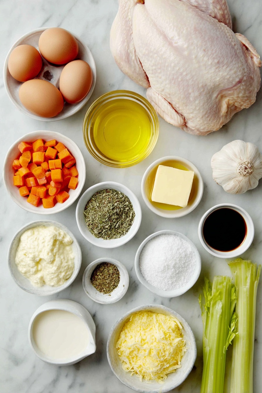 Flat lay of a raw bone-in skinless chicken breast with natural pink and white tones, a small mound of whole uncracked brown eggs, a few fresh bright orange diced carrots, two crisp green celery stalks with leaves, a small whole yellow onion, three peeled garlic cloves, a small white ceramic bowl of golden olive oil, a small white ceramic bowl of creamy melted butter, a small white ceramic bowl filled with white cake flour, a small white ceramic bowl with coarse granulated sugar, a small white ceramic bowl of cold milk, a small white ceramic bowl of pale sour cream, a small white ceramic bowl of light beige chicken broth, a small white ceramic bowl of frozen green peas, a small white ceramic bowl of mixed dried herbs (basil, parsley, thyme, rosemary, mustard powder, sage, pepper), a small white ceramic bowl containing bright reddish hot sauce, and a small white ceramic bowl with dark brown Worcestershire sauce, all neatly arranged in perfect symmetry on a clean white marble surface, soft natural light, photo taken with an iPhone, professional food photography style, fresh ingredients, white ceramic bowls, no bottles, no duplicates, no utensils, no packaging --ar 2:3 --v 7 --p m7354615311229779997 - Creamy Chicken and Dumplings, Chicken and Dumplings recipe, comforting chicken stew, easy homemade chicken and dumplings, fluffy dumplings recipe