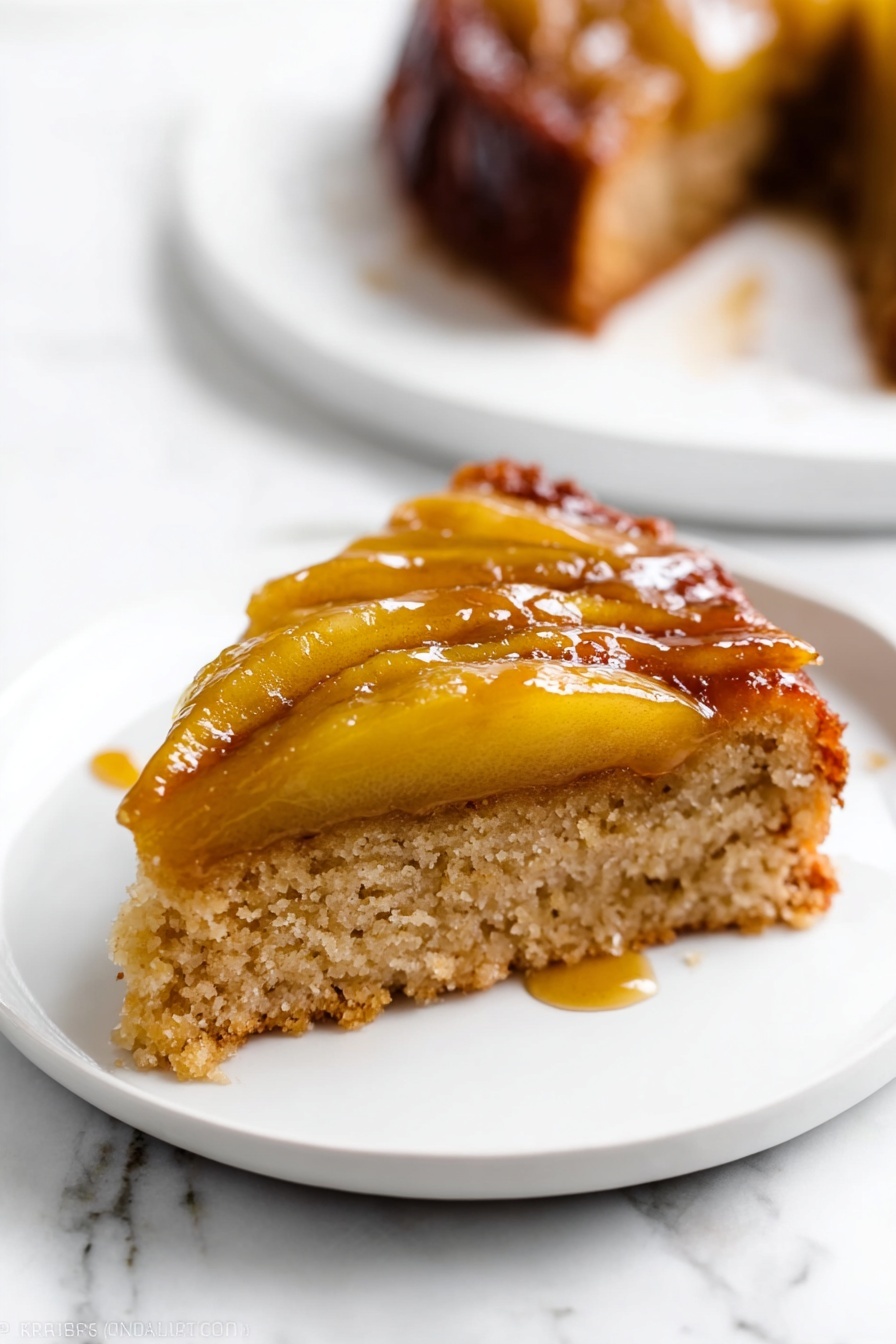 A slice of cake with two layers is shown on a white plate set on a white marbled surface. The bottom layer is a light brown, soft, and spongy cake base. The top layer has cooked apple slices that are golden-yellow and shiny with caramel glaze, creating a sticky and glossy texture. The apple slices lie flat on the cake, and some syrup has slightly dripped onto the plate. In the background, there is a blurred white plate with another piece of the same cake. Photo taken with an iphone --ar 2:3 --v 7 - Caramel Apple Upside Down Cake, fall apple dessert, caramel cake recipe, upside down cake with apples, easy apple dessert