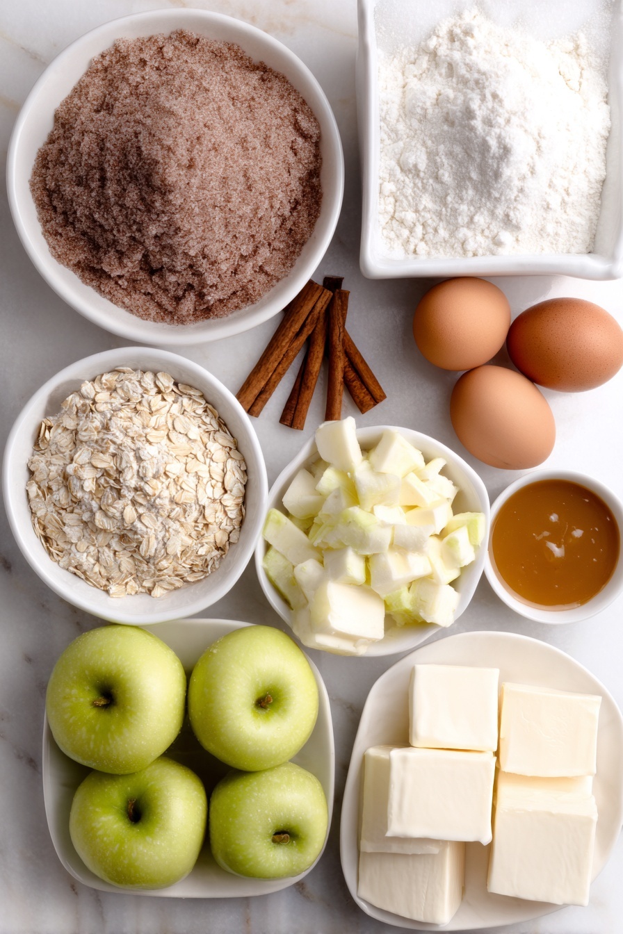 Flat lay of a small mound of all-purpose flour, a neat pile of firmly packed brown sugar, a large slab of softened butter, three whole brown eggs with clean shells, three peeled and cored Granny Smith apples chopped into small pieces, a few whole cinnamon sticks with scattered ground cinnamon and nutmeg beside them, a small white bowl filled with quick cooking oats, three blocks of cream cheese with smooth surfaces, a few whole vanilla beans, and a small white bowl holding golden caramel sauce, all arranged symmetrically in simple white ceramic bowls and plates, placed on a clean white marble surface, soft natural light, photo taken with an iPhone, professional food photography style, fresh ingredients, white ceramic bowls, no bottles, no duplicates, no utensils, no packaging --ar 2:3 --v 7 --p m7354615311229779997 - Caramel Apple Cheesecake Bars, apple cheesecake bars, fall desserts, caramel apple dessert, easy cheesecake bar recipes