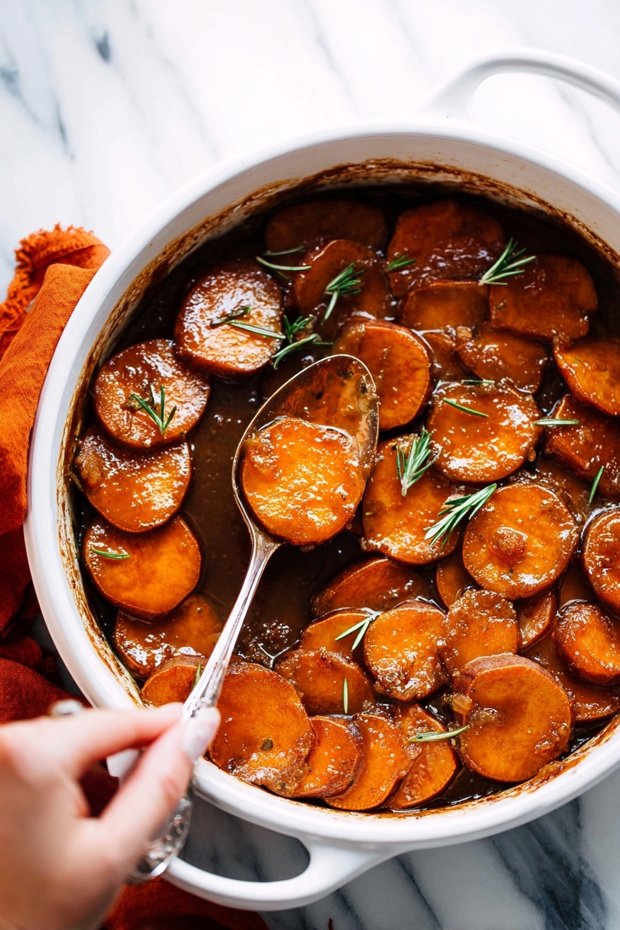 The image shows a close-up of thick round slices of cooked sweet potatoes, layered with a shiny, sticky brown sauce that coats them evenly. The sweet potatoes are soft with a smooth texture, and the sauce looks rich and slightly glossy, pooling around the edges. Small sprigs of green rosemary lie scattered among the slices, adding a touch of color. A silver spoon holds a couple of the sticky sweet potato slices, lifting them slightly above the rest. The background is a white marbled texture that adds contrast and focus to the warm orange and brown tones of the dish. photo taken with an iphone --ar 2:3 --v 7 - Candied Sweet Potatoes, Sweet Potatoes Side Dish, Holiday Sweet Potato Recipe, Caramelized Sweet Potatoes, Maple Glazed Sweet Potatoes