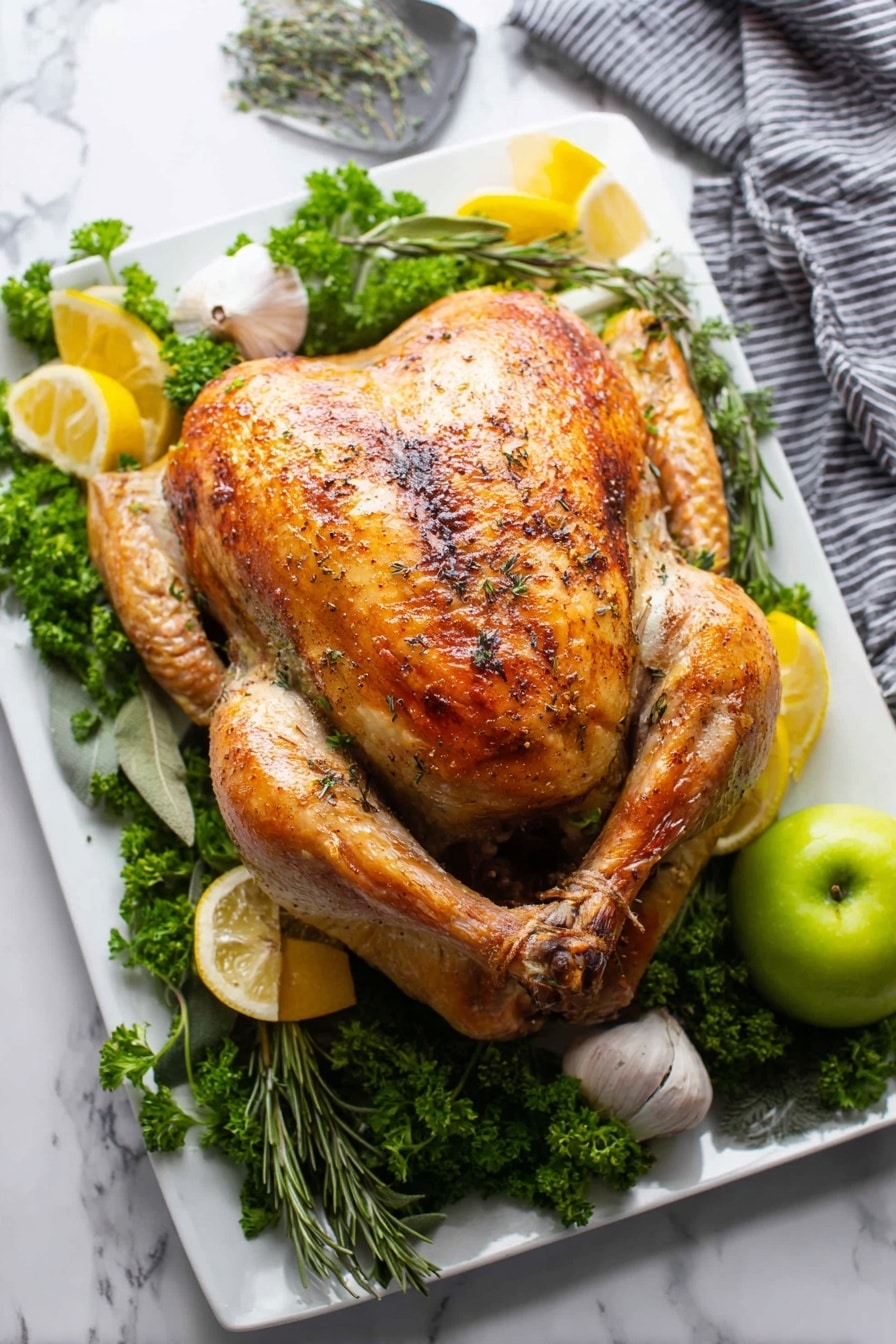 A whole roasted chicken with a golden-brown, crispy skin seasoned with herbs sits in the center of a white rectangular plate. The chicken is on top of a bed of green leafy herbs, adding fresh texture around the edges. Several lemon halves are placed around the chicken, showing bright yellow color and juicy interiors. A woman's hand is holding a knife slicing into the chicken's side, revealing tender, moist white meat inside. The background is a white marbled surface. Photo taken with an iphone --ar 2:3 --v 7 - Easy No Fuss Thanksgiving Turkey, stress-free Thanksgiving turkey, simple holiday turkey recipe, juicy turkey for Thanksgiving, beginner-friendly turkey recipe