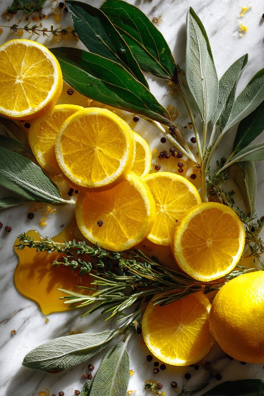 Flat lay of bright yellow lemon quarters and vibrant orange slices with glossy green rosemary sprigs and fresh bay leaves arranged naturally alongside soft sage leaves and tender thyme sprigs, scattered whole black peppercorns adding contrast, a small pile of rich golden maple syrup glistening gently, all placed on white marbled surface, photo taken with an iphone --ar 2:3 --v 7 - Easy Turkey Brine with Citrus and Herb Butter, turkey brine recipe, citrus turkey marinade, herb butter turkey, juicy turkey preparation