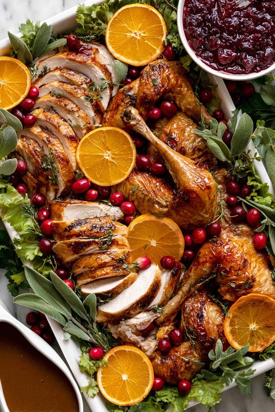 The dish shows a large white tray filled with roasted turkey pieces that are golden brown with a slightly crispy texture. On the left, slices of the turkey are neatly arranged showing the white and light brown meat inside. Whole turkey legs and wings are placed around, some garnished with bright red cranberries. Fresh green herbs and leafy greens cover the tray, with orange slices scattered on top and around the turkey. In the top right corner, there is a white bowl filled with dark red cranberry sauce that looks thick. At the bottom right, a white gravy boat contains a rich brown gravy. The whole scene is placed on a white marbled surface. Photo taken with an iphone --ar 2:3 --v 7 - Juicy Roast Turkey, perfect roast turkey, moist turkey recipe, holiday turkey tips, tender roast turkey
