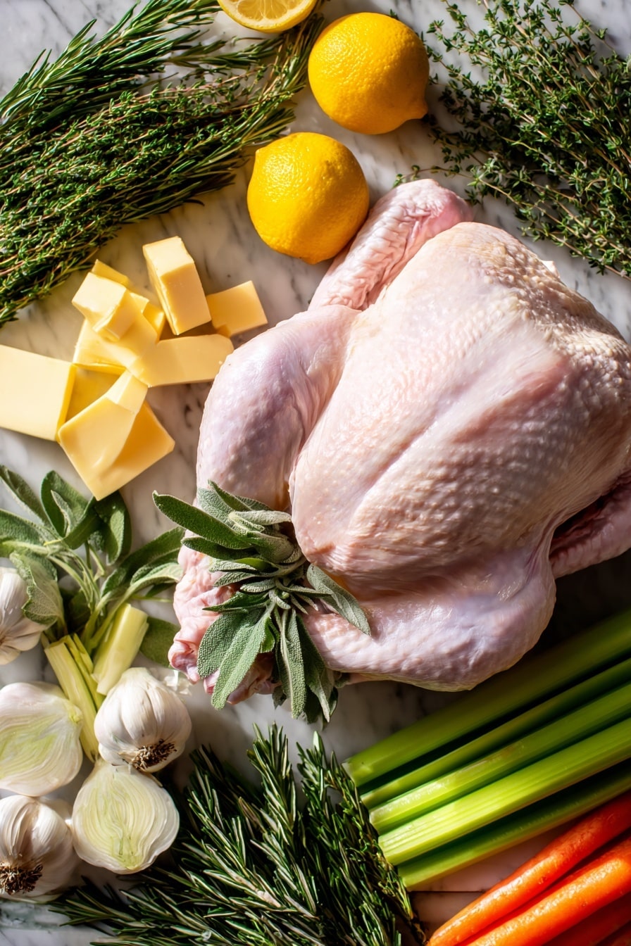 Flat lay of a whole raw turkey with pale pink skin, surrounded by fresh quartered yellow lemon wedges, vibrant green sprigs of rosemary, thyme, and sage with fine leaves, golden yellow chunks of unsalted butter, cloves of raw garlic with papery white skins and smooth texture, crisp orange carrot pieces, bright green celery ribs with a fibrous texture, and quartered white onion sections showing layered rings, all naturally arranged in an inviting, slightly scattered pattern, placed on white marbled surface, photo taken with an iphone --ar 2:3 --v 7 - Garlic Butter Roasted Turkey, roasted turkey with garlic herb butter, juicy holiday turkey recipe, easy Thanksgiving turkey, flavorful turkey main dish