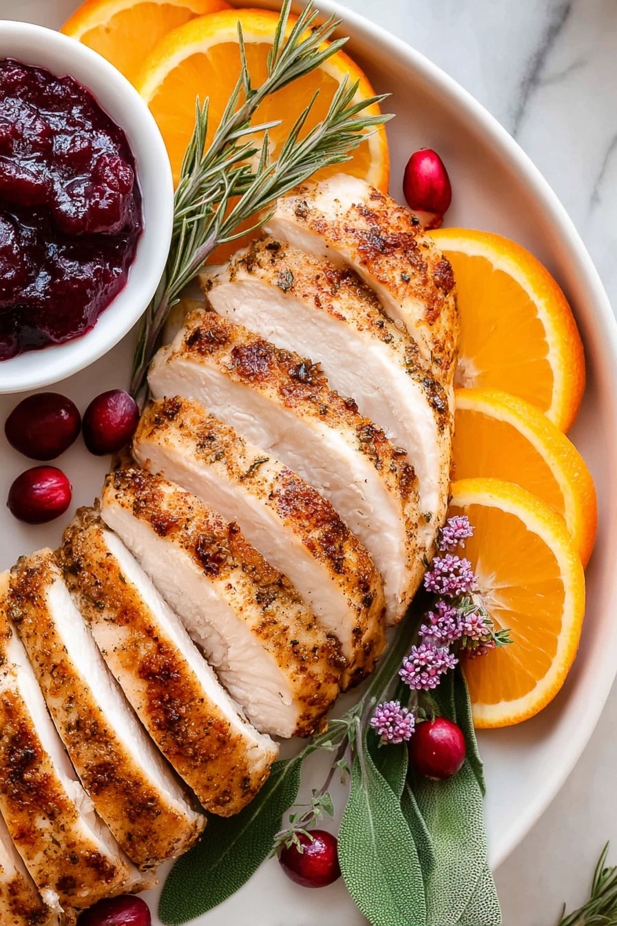 A white plate on a white marbled surface holds a sliced turkey arranged in a neat fanned shape, its golden-brown roasted skin on top with juicy white meat inside. To the left of the turkey, there are three bright orange slices quietly resting, with a small white bowl nearby filled with dark red cranberry sauce dotted with whole cranberries. A sprig of fresh green rosemary lies between the turkey and the bowl, garnished with fresh cranberries and a few green leaves scattered around the plate. A woman's hand appears on both sides, gently holding the edges of the plate. In the background, part of a striped cloth and an orange pumpkin sit on the white marbled surface. photo taken with an iphone --ar 2:3 --v 7 - Juicy Traeger Smoked Turkey Breast, Traeger smoked turkey, smoked turkey breast recipe, easy smoked turkey, no brine turkey recipe