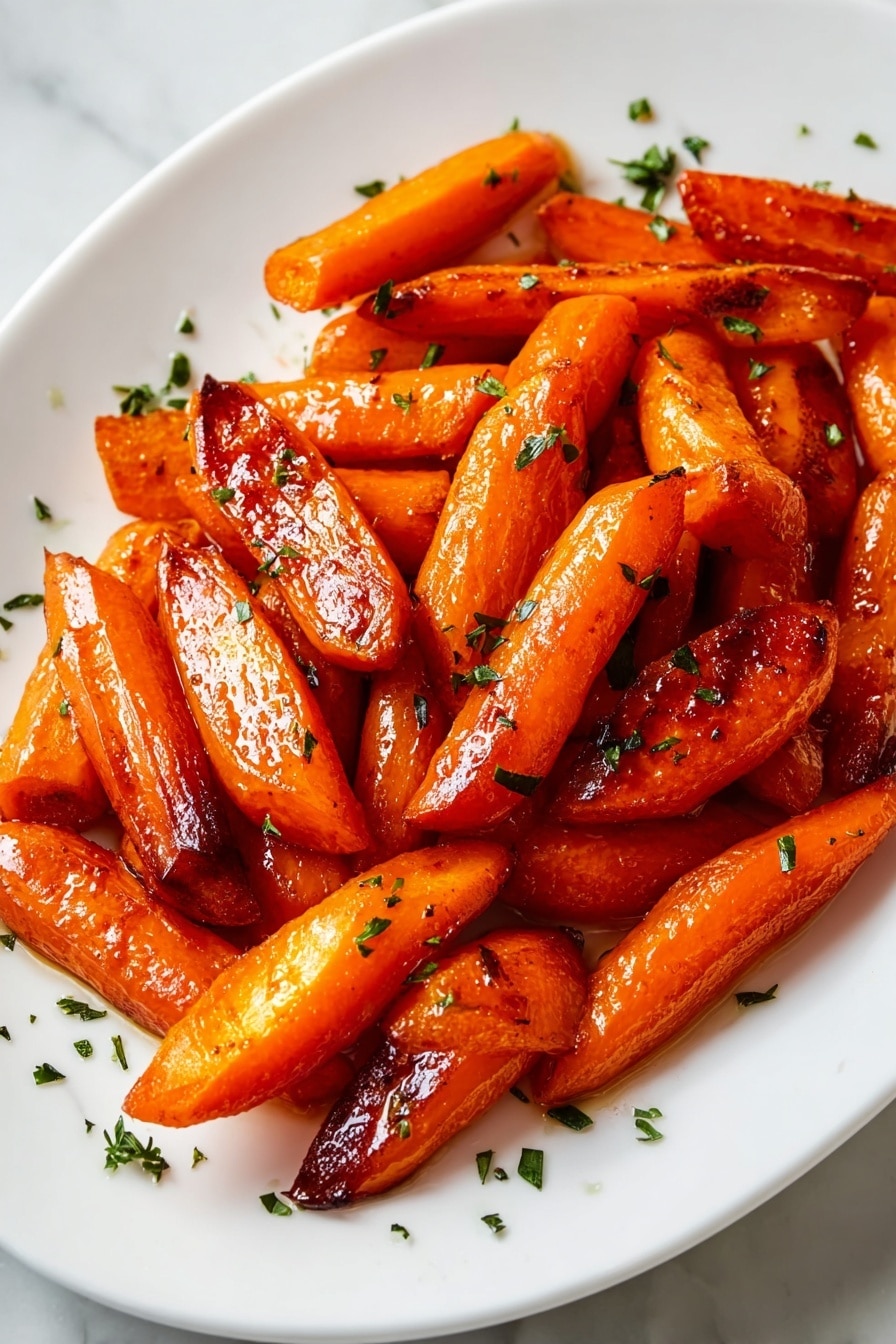 The image shows many roasted carrot pieces spread out on a baking tray with a slightly browned, oily surface. Each carrot is cut into long pieces, with some showing a shiny caramelized texture on one side, varying from deep orange to darker brown hues. The carrots appear tender with a lightly glazed look, and small bits of salt or seasoning are visible on their surface. The background is a white marbled texture. photo taken with an iphone --ar 2:3 --v 7 - Honey Glazed Roasted Carrots, roasted carrots side dish, sweet caramelized carrots, easy vegetable side, healthy roasted vegetable recipe