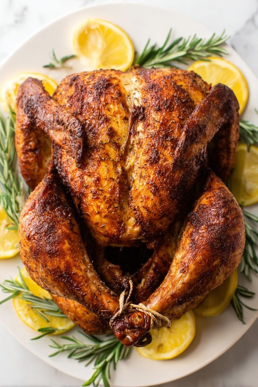 A whole roasted chicken with crispy, dark golden-brown skin is placed at the center of a white plate. The chicken is positioned with its wings folded close and legs tied together at the top. Around the chicken, there are green rosemary sprigs and bright yellow lemon slices evenly spaced on the white plate, which rests on a white marbled surface. The texture of the chicken's skin shows some herb seasoning and a slight shine from roasting. Photo taken with an iphone --ar 2:3 --v 7 - Deep Fried Turkey, crispy turkey recipe, Thanksgiving turkey, juicy fried turkey, easy fried turkey
