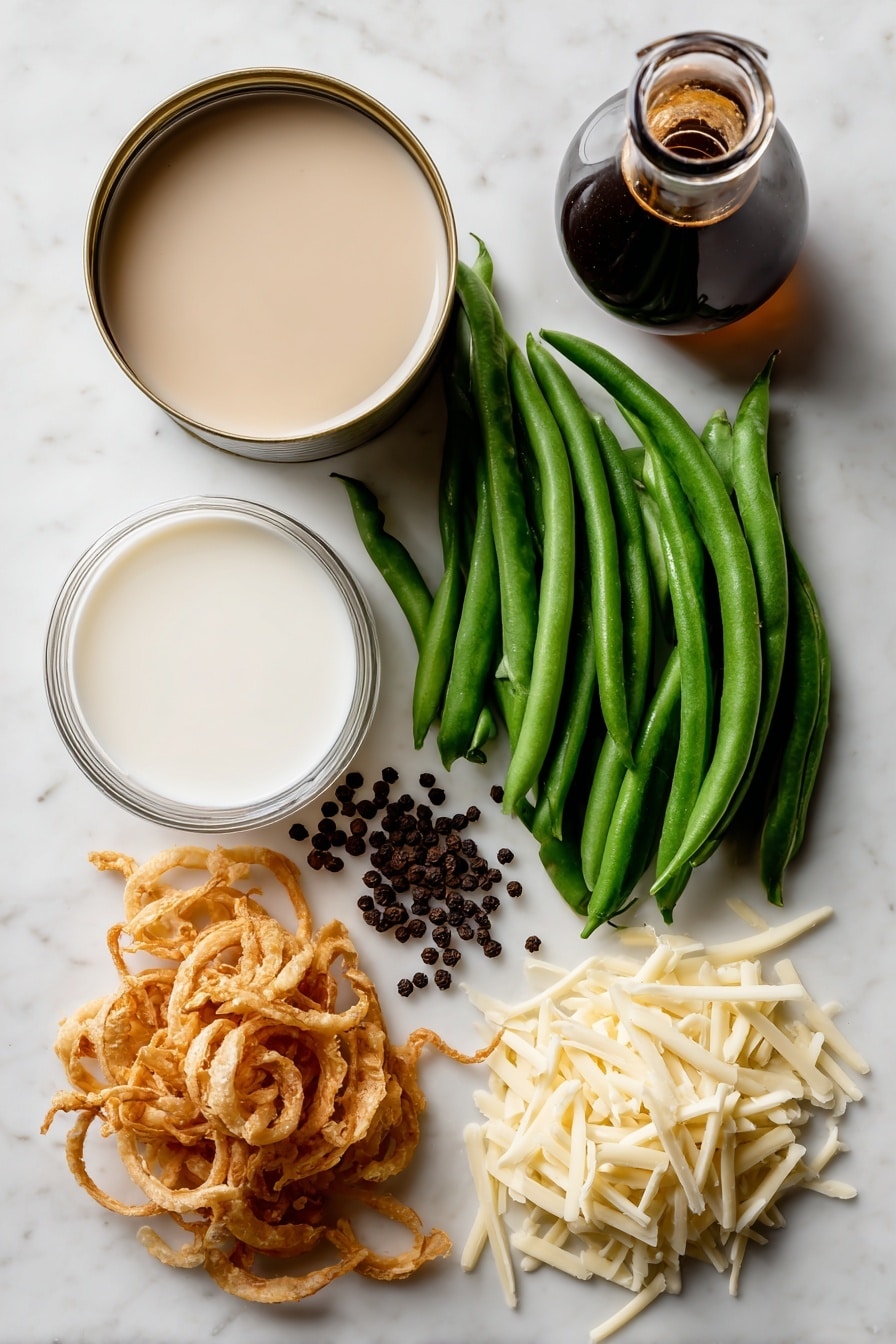 Flat lay of fresh green beans with their bright green pods intact, a smooth and creamy can of condensed mushroom soup with a soft beige color, a small glass of white milk reflecting light, a handful of golden crispy fried onions with delicate, crunchy textures, dark brown whole soy sauce bottle with rich, glossy surface, a cluster of black peppercorns showing their rough, matte texture, and a small pile of pale yellow shredded cheddar cheese with fine, thin strands, all naturally arranged with some scattered crispy onions and green beans overlapping gently, placed on white marbled surface, photo taken with an iphone --ar 2:3 --v 7 - Green Bean Casserole, classic green bean side dish, holiday green bean casserole, easy green bean casserole recipe, crispy onion green beans