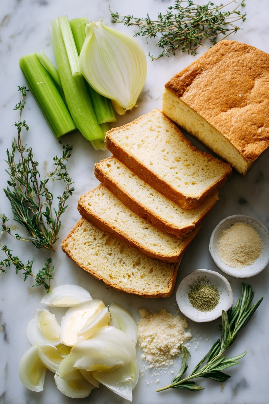 Flat lay of thick slices of golden honey white gluten-free bread arranged in a loose stack, bright green celery stalks with crisp texture sliced thinly beside a chopped soft yellow onion with visible layers, fresh sprigs of green thyme and rosemary scattered naturally, small piles of ground sage powder showing soft pale green hues, and a pat of creamy butter with smooth texture melting slightly on the side, all placed on white marbled surface, photo taken with an iphone --ar 2:3 --v 7 - Gluten-Free Stuffing, gluten-free stuffing recipe, holiday stuffing without gluten, best gluten-free stuffing, easy gluten-free stuffing