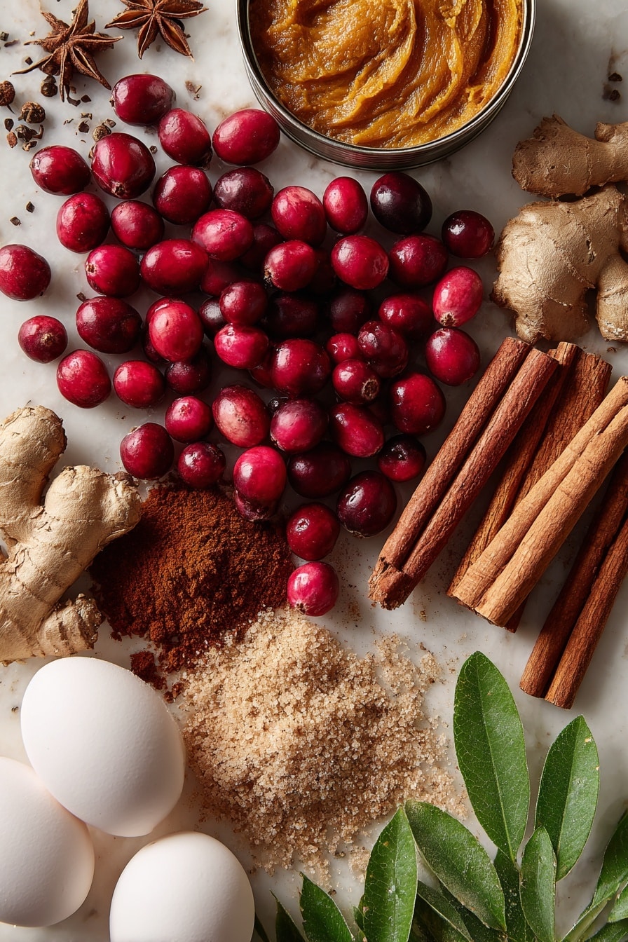 Flat lay of plump fresh cranberries with their vibrant deep red color and glossy texture, a smooth can of rich orange pumpkin puree opened to show its creamy inside, golden light and dark brown sugar mounded with coarse crystals visible, whole warm brown cinnamon sticks and scattered ground cinnamon powder with a soft texture, fresh nutmeg whole with its rough brown shell, fresh ginger root showing its knobby pale beige skin, bright white large eggs with a smooth matte surface, and fresh green leaves of pie crust dough rolled thin with delicate veins scored on top, all beautifully arranged in a balanced composition with contrasting colors and natural textures, placed on white marbled surface, photo taken with an iphone --ar 2:3 --v 7 - Great Pumpkin Pie, pumpkin pie recipe, cozy autumn dessert, homemade pumpkin pie, holiday pumpkin pie