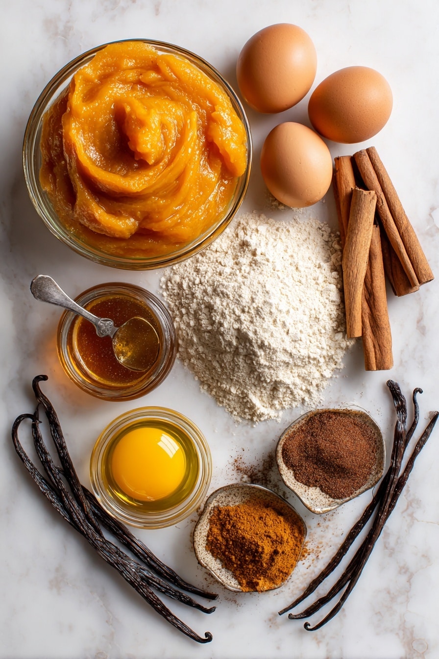 Flat lay of vibrant orange pumpkin puree in a clear bowl, glossy amber-brown browned butter with a smooth texture, shiny golden eggs with smooth shells, warm golden maple syrup in a small glass jar, a neat pile of whole wheat pastry flour with fine texture, cinnamon sticks and bright brown nutmeg pods alongside small piles of ground cinnamon, nutmeg, ginger, and allspice showing their rich earthy tones, and fresh vanilla beans with glossy dark pods scattered lightly, all beautifully arranged in a balanced composition with natural light highlighting their colors and textures, placed on white marbled surface, photo taken with an iphone --ar 2:3 --v 7 - Healthy Pumpkin Bread with Maple Glaze, pumpkin bread recipes, healthy fall desserts, wholesome pumpkin loaf, maple glaze pumpkin bread