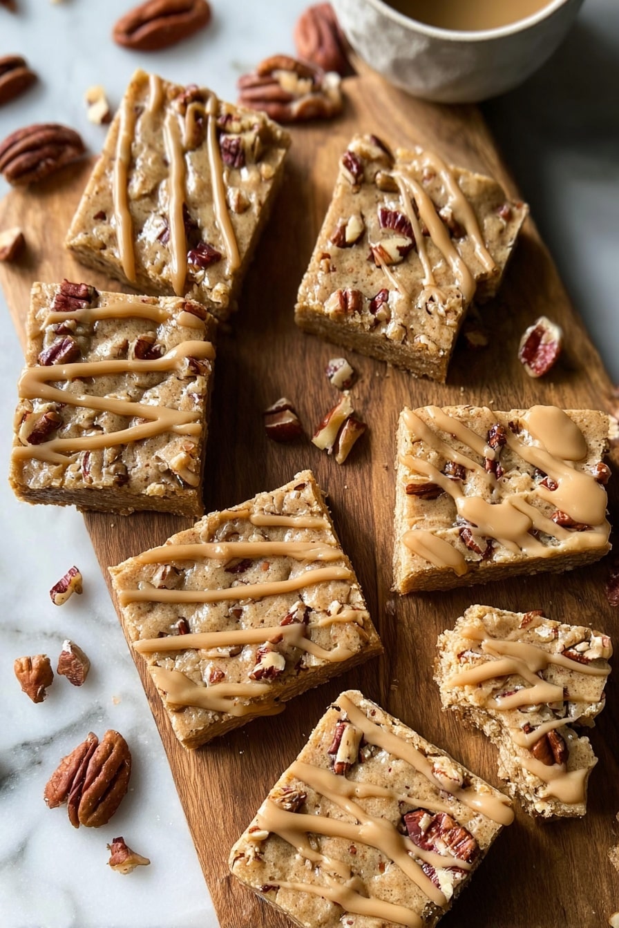 The image shows five square nut bars arranged on a wooden board, each bar having a thick, light brown base mixed with pecan pieces. The top has a drizzle of creamy, light tan sauce that flows down the sides and pools slightly on the board. The texture of the bars looks crumbly and dense with visible nut chunks. In the background, a white mug with light brown liquid inside has a drip of the same creamy sauce running down its side. The surface below the wooden board is a white marbled texture. photo taken with an iphone --ar 2:3 --v 7 - Maple Pecan Blondies with Caramel Glaze, Maple Pecan Blondies, Easy Blondie Recipes, Fall Dessert Recipes, Caramel Drizzle Blondies