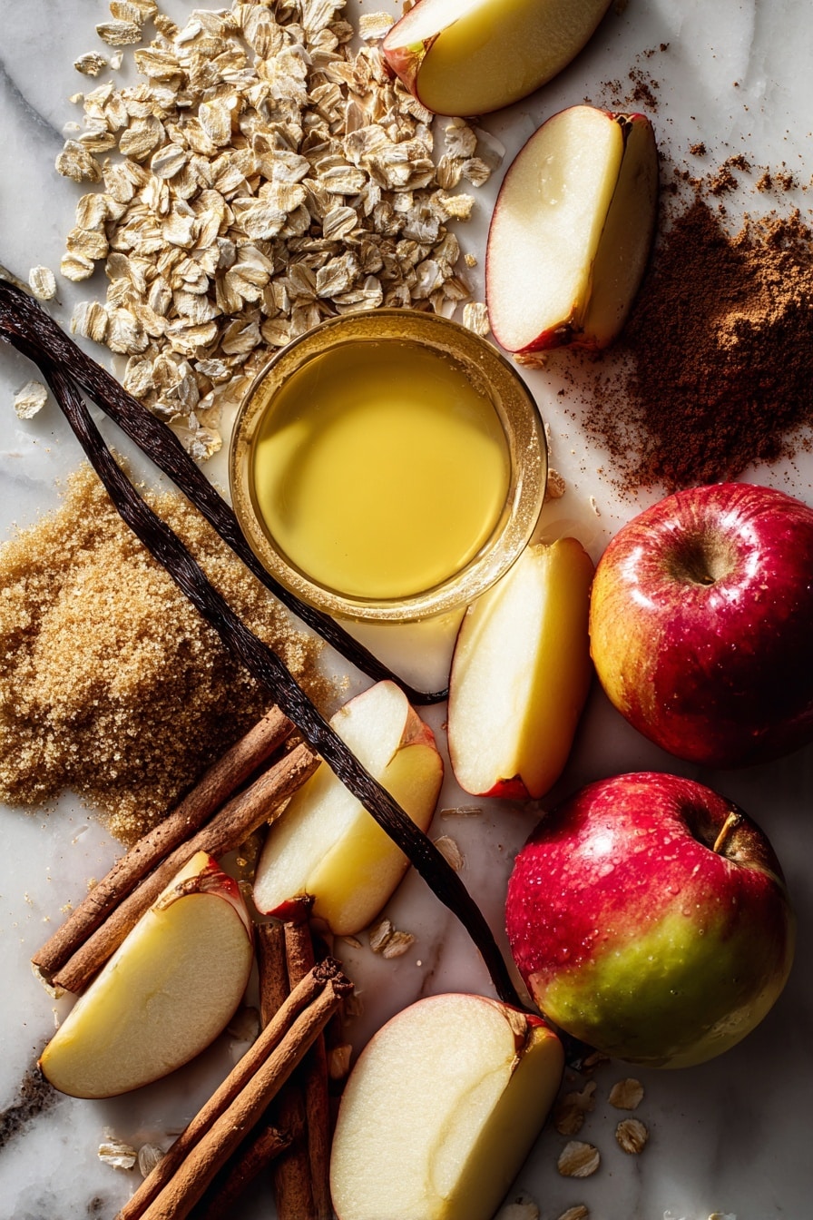 Flat lay of fresh sliced apples with their vibrant red and green skins and crisp white flesh, golden old fashioned oats scattered nearby with their rough texture, rich brown sugar heaps displaying deep caramel color, smooth light brown cinnamon sticks and fine cinnamon powder dusted gently, a small pool of melted butter glistening with creamy yellow tones, and a fresh vanilla bean pod showing glossy dark brown hues, arranged naturally with some cinnamon sticks crossing and apple slices fanned out, placed on white marbled surface, photo taken with an iphone --ar 2:3 --v 7 - The Best Apple Crisp, apple crisp dessert, easy apple crisp, homemade apple crisp, cozy apple crisp recipe