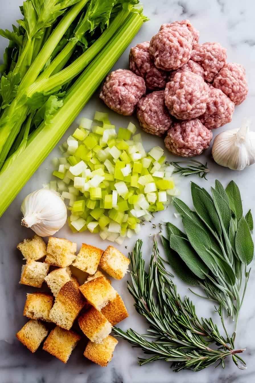 Flat lay of fresh sweet Italian sausage in raw bulk form with light marbling, diced bright yellow onion pieces, crisp pale green celery stalks chopped into small chunks, peeled garlic cloves with smooth white skin, sprigs of fresh green rosemary with needle-like leaves, soft sage leaves in muted gray-green tones, vibrant flat-leaf parsley chopped finely showing bright green color, all neatly arranged with rustic cubes of golden-brown bread stuffing, placed on white marbled surface, photo taken with an iphone --ar 2:3 --v 7 - Easy Sausage and Herb Stuffing, sausage and herb stuffing, holiday stuffing ideas, savory stuffing recipes, herb sausage stuffing