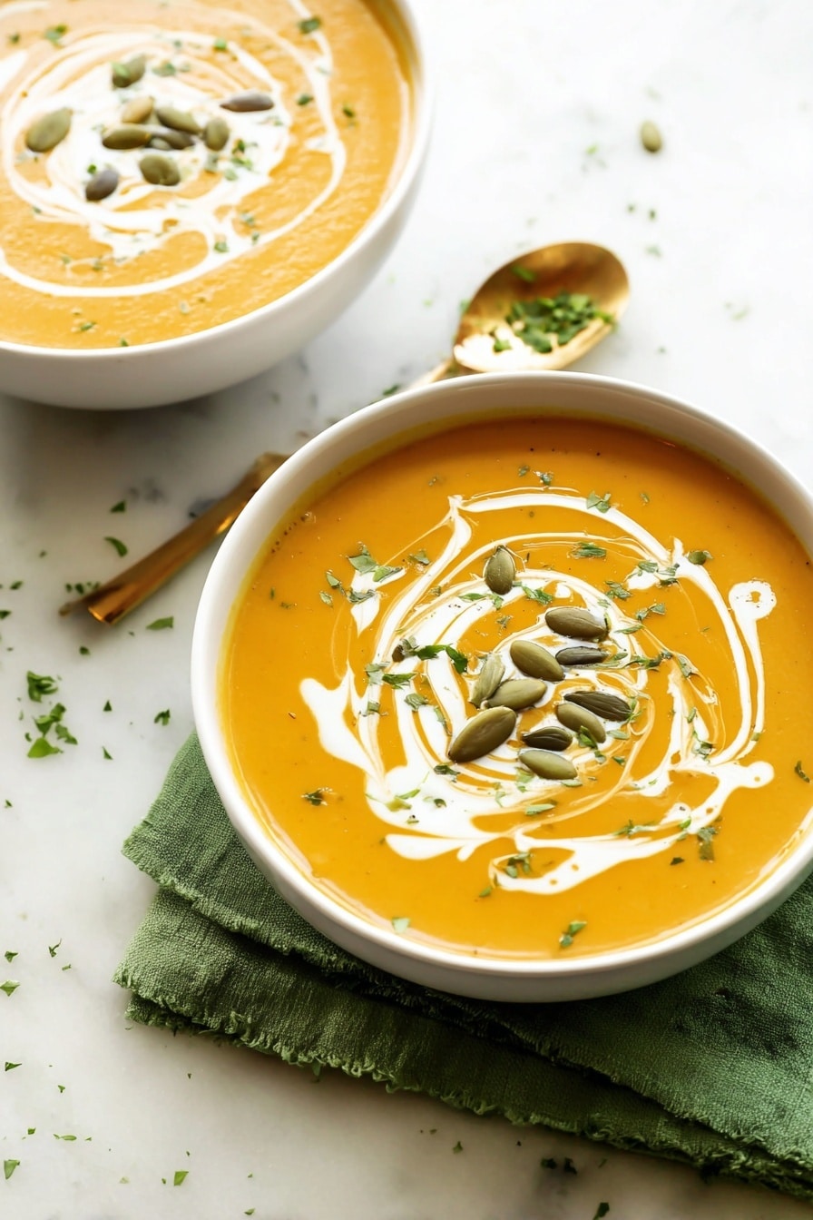 Two white bowls filled with smooth orange soup sit on a white marbled surface. Each bowl shows a swirl of white cream on top, with green pumpkin seeds placed in the center of the cream swirl. Small bits of chopped green herbs are scattered lightly over the soup. A golden spoon with a small sprinkle of green herbs rests beside one bowl on a green cloth. The photo has bright natural light highlighting the creamy texture of the soup, photo taken with an iphone --ar 2:3 --v 7 - Curried Butternut Squash Soup, butternut squash soup, fall soup recipes, vegan creamy soup, spicy squash soup