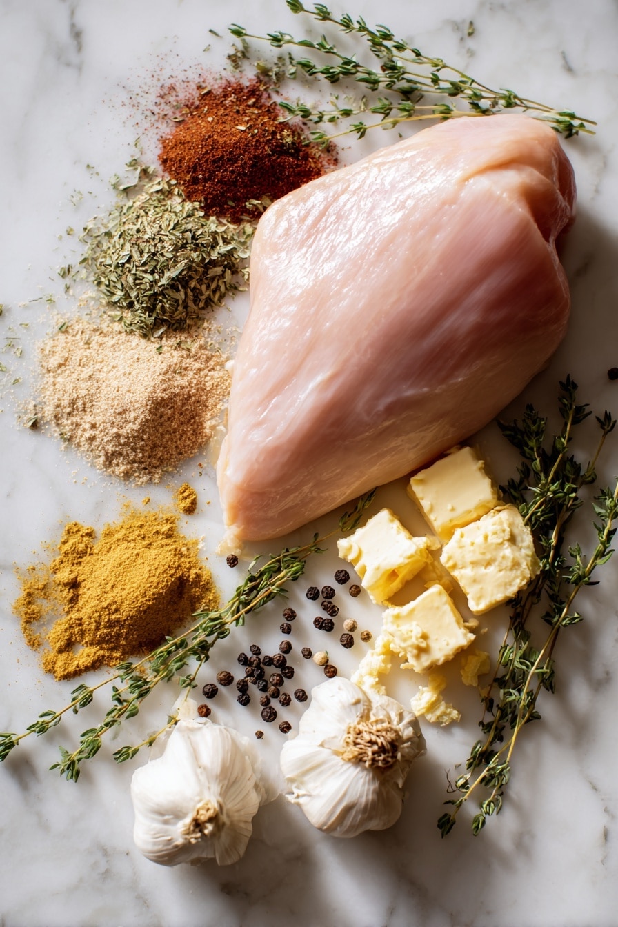 Flat lay of a plump, raw boneless turkey breast with smooth pale pink skin; small heaps of warm brown paprika, beige garlic powder, golden onion powder, greenish dried thyme sprigs, and mixed poultry seasoning powders; lumps of creamy yellow butter with a soft texture; fresh sprigs of bright green thyme scattered delicately; whole black peppercorns with shiny dark surfaces; all beautifully arranged in a natural, balanced composition, placed on white marbled surface, photo taken with an iphone --ar 2:3 --v 7 - Juicy Traeger Smoked Turkey Breast, smoked turkey breast no brine, easy smoked turkey recipe, Traeger turkey breast, flavorful smoked turkey