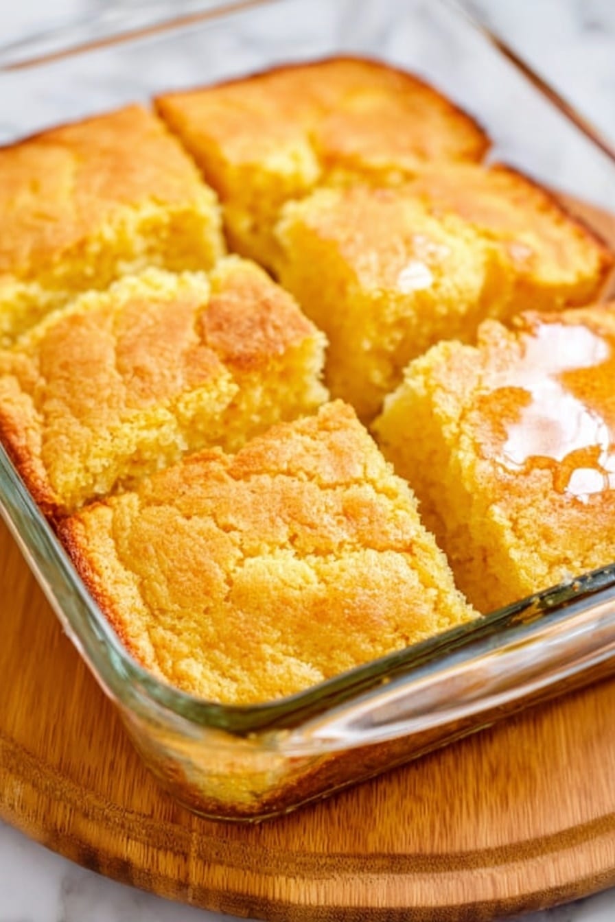 A thick square piece of cornbread with a golden brown crust on top and a soft, light yellow, crumbly inside sits on a stack of plain white plates with a thin blue rim. Small green parsley bits are sprinkled on the crust. The background shows blurry green leaves for decoration and a white marbled surface underneath. The cornbread piece looks moist and fluffy, with a slightly textured top. Photo taken with an iphone --ar 2:3 --v 7 - Garlic Butter Swim Biscuits, cheesy buttery biscuits, garlic swirl biscuits, flaky garlic biscuits, easy biscuit recipes