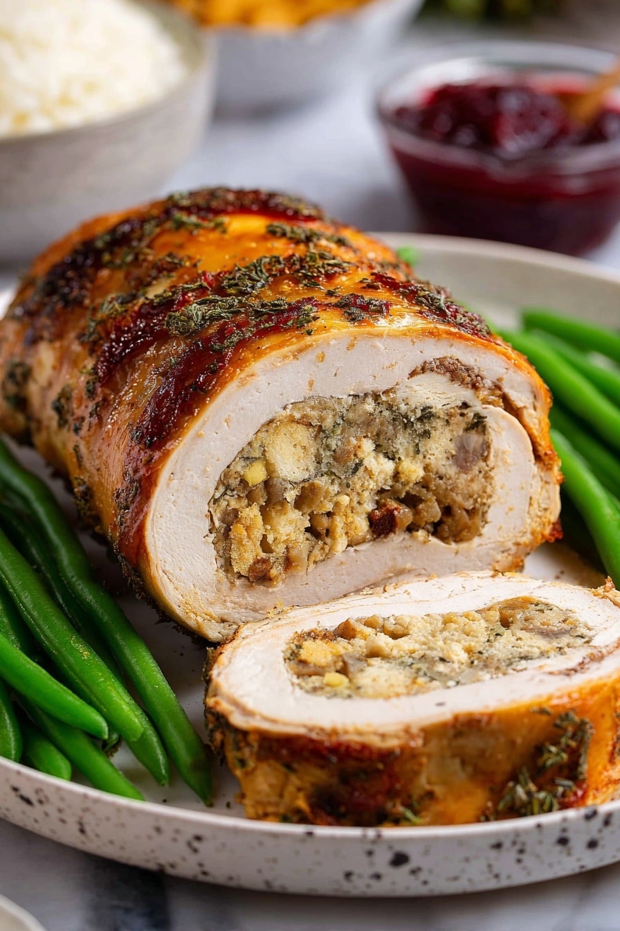 A close-up view of a cooked rolled meat dish sliced neatly on a white plate with green beans and orange carrot sticks on the side. The dish shows three layers: the outer layer is golden brown with a crispy texture, the middle layer is thick and smooth, light beige in color, and the inner layer features a seasoned stuffing with a coarse, mixed texture in a light brown shade. The slices reveal the stuffed center clearly, with the whole roll resting on a white marbled surface. photo taken with an iphone --ar 2:3 --v 7 - Vegan Turkey Roast with Seitan and Stuffing, plant-based holiday main dish, vegan holiday centerpiece, vegan seitan roast recipe, vegan stuffing side dish