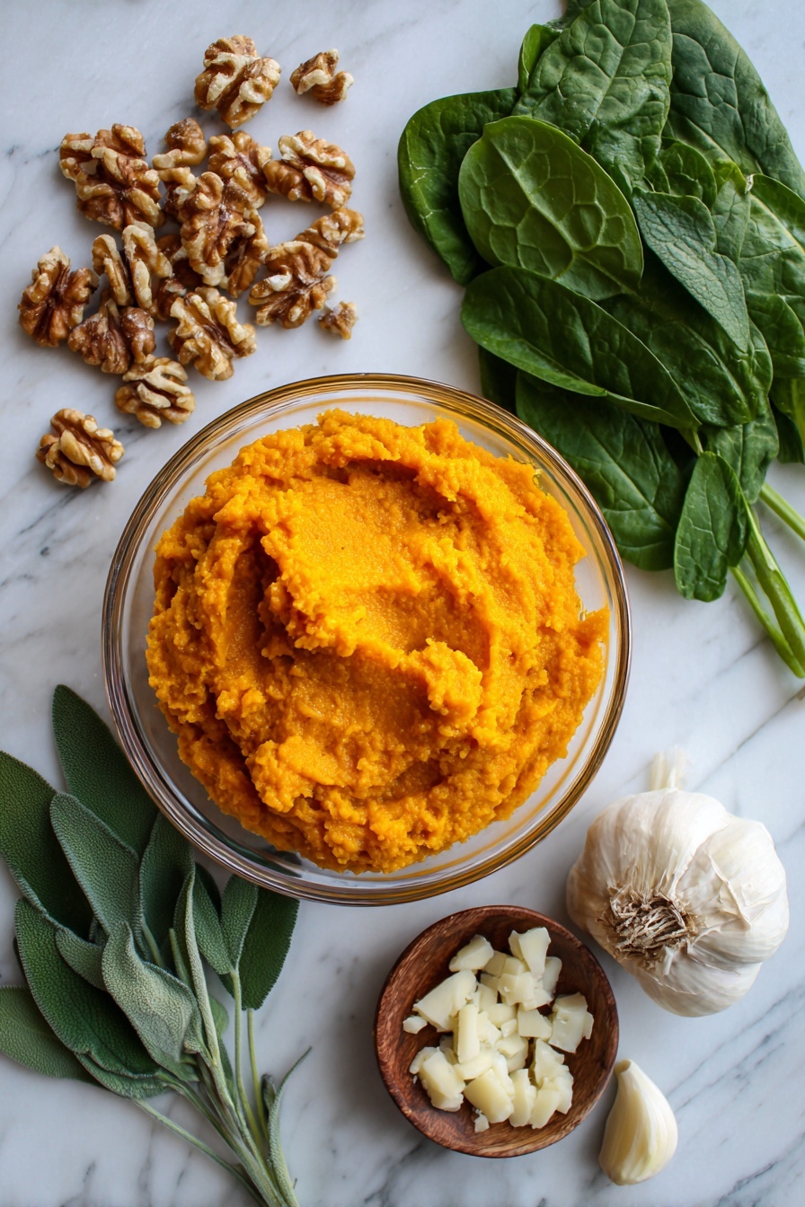 Flat lay of bright orange pumpkin purée in a clear bowl, fresh deep green spinach leaves fanned out, whole fresh sage leaves with velvety texture, a small pile of golden roasted pepitas, rich brown chopped walnuts scattered casually, creamy white grated parmesan cheese with fine texture, cloves of pale minced garlic, placed on white marbled surface, photo taken with an iphone --ar 2:3 --v 7 - The BEST Pumpkin Pasta, pumpkin pasta recipe, creamy pumpkin pasta, easy pumpkin pasta dinner, fall pasta recipes