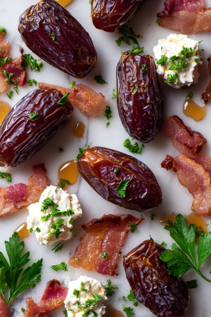 Flat lay of plump Medjool dates with glossy dark brown skin, creamy white goat cheese dollops, thin strips of streaky pink and white bacon, shiny amber maple syrup drizzles, and bright green chopped parsley leaves scattered naturally around, all arranged with a mix of soft, smooth, and crispy textures, placed on white marbled surface, photo taken with an iphone --ar 2:3 --v 7 - Bacon-Wrapped Date Appetizers with Goat Cheese and Maple Glaze, easy bacon appetizer, sweet and savory appetizers, party appetizer ideas, goat cheese appetizer recipes