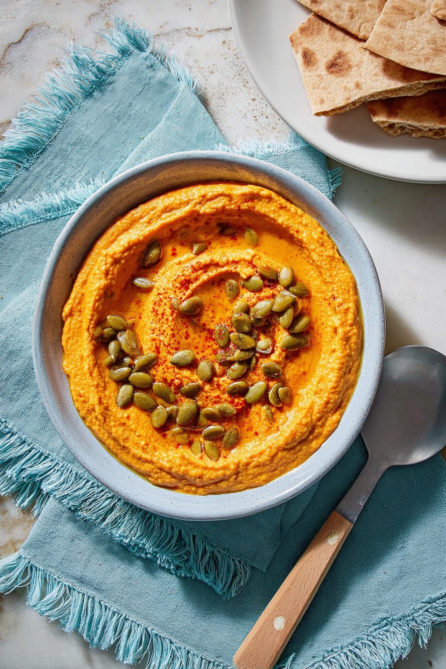 A thick and creamy layer of bright orange hummus is spread in a swirl on a white plate, giving it a textured look with smooth, curved ridges. Scattered unevenly across the surface are shiny, green pumpkin seeds, adding a crunchy detail. The right edge of the hummus pool is topped with two triangular pieces of pita bread resting on top, slightly overlapping each other and showing a golden-brown toasted color. The plate sits on a white marbled surface with parts of a blue cloth visible underneath the bottom edge, enhancing the warm tones of the dish. photo taken with an iphone --ar 2:3 --v 7 - Pumpkin Hummus, Pumpkin Hummus Recipe, Fall Dips, Creamy Pumpkin Dip, Spiced Pumpkin Hummus