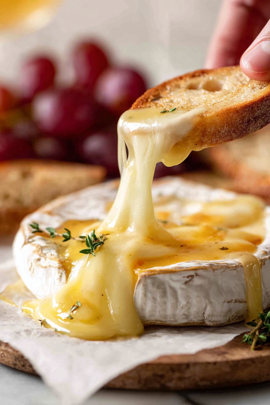 A white round wheel of soft cheese with a cut on the top showing creamy pale yellow melted cheese oozing out, topped with golden honey and a small green thyme sprig, placed on white parchment paper. Next to the cheese is a small bunch of red grapes with a shiny smooth surface. Around the cheese and grapes, there are several slices of light golden toasted bread with a crunchy texture. The whole setup is on a white marbled surface. Photo taken with an iphone --ar 2:3 --v 7 - Baked Brie with Honey and Thyme, baked brie appetizer, easy cheese appetizer, Honey and thyme cheese dish, quick entertaining appetizer