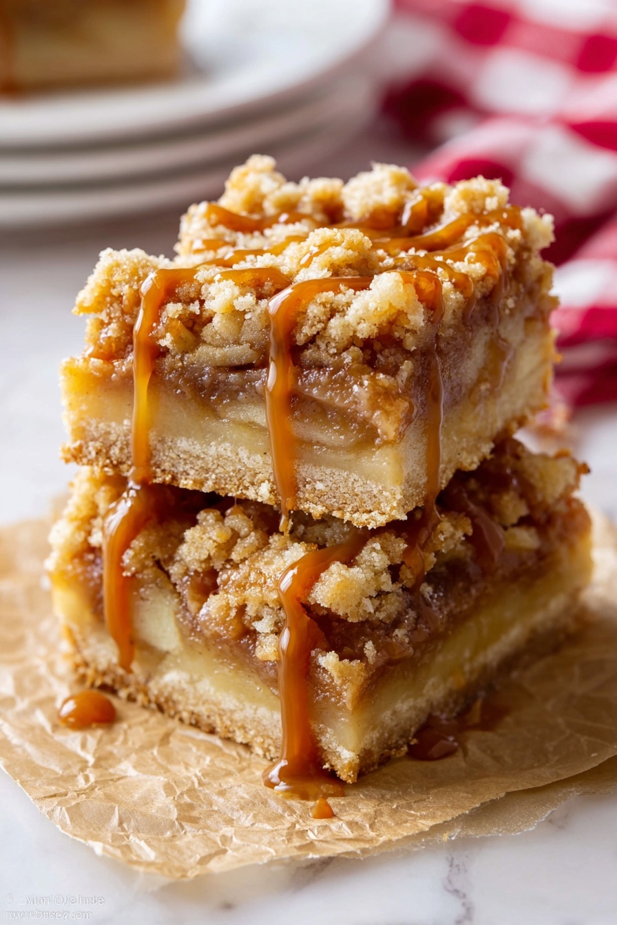 Two stacked dessert bars sit on crinkled brown parchment paper, placed on a white marbled surface. Each bar has three clear layers: the bottom layer is a solid light tan crust, the middle layer is a soft apple filling with visible thin slices, and the top layer is a crumbly, golden-brown streusel with small chunks and a rough texture. Rich caramel sauce is drizzled thickly over the top layer, slowly dripping down the sides and pooling slightly on the parchment below. The background is softly blurred, showing parts of a white plate and a red and white checkered cloth. photo taken with an iphone --ar 2:3 --v 7 - Salted Caramel Apple Pie Bars, apple pie bars with salted caramel, fall dessert bars, easy apple pie bars recipe, caramel apple dessert bars