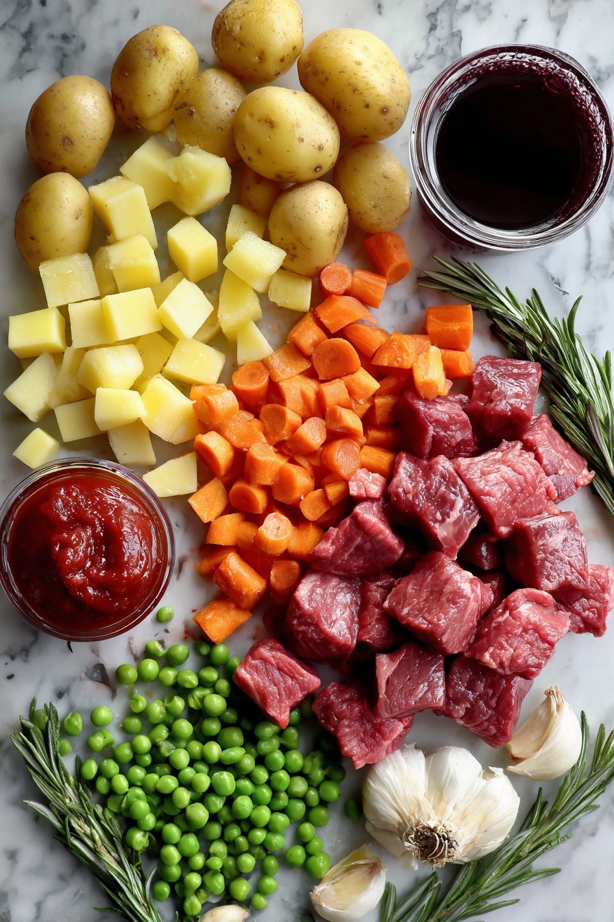 Flat lay of raw beef stew meat cubes, bright orange carrot chunks, halved baby Yukon gold potatoes, diced yellow onions, peeled garlic cloves, fresh rosemary sprig, glossy tomato paste dollop, deep red cabernet sauvignon wine poured in a small spill, vibrant green frozen peas scattered artfully, placed on a white marble surface, photo taken with an iphone --ar 2:3 --v 7 - Slow Cooker Beef Stew, hearty beef stew, easy slow cooker recipes, comforting meal ideas, tender beef stew