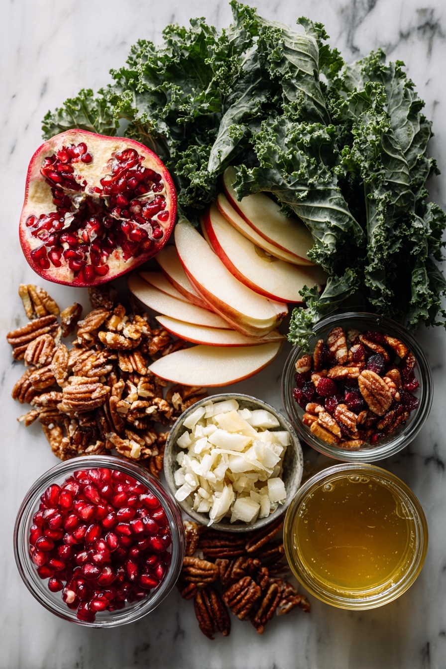 Flat lay of a large bunch of fresh kale leaves, thinly sliced apple slices with red skin, small chopped dried figs, bright red pomegranate arils, toasted pecans with a golden sheen, crumbled white goat cheese, a small pile of chopped shallots, and a small glass jar filled with golden balsamic vinaigrette, all beautifully arranged with balanced spacing and natural light, placed on a white marble surface, photo taken with an iphone --ar 2:3 --v 7 - Fall Harvest Salad with Kale, Apples, Figs, Pomegranate, and Toasted Pecans,healthy fall salad, seasonal kale salad, apple and fig salad, pomegranate salad recipe