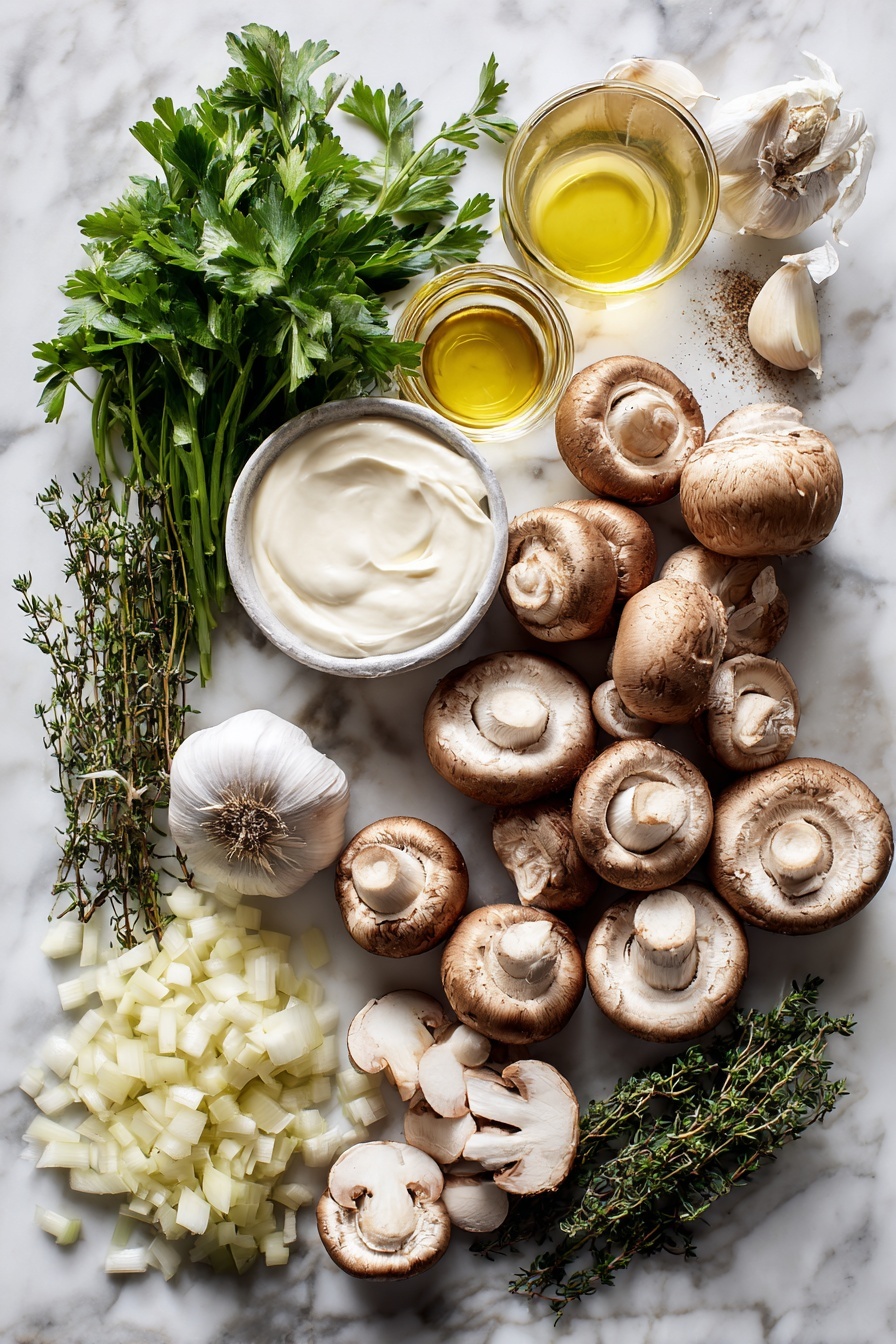 Flat lay of fresh white button mushrooms and cremini mushrooms sliced and whole, a chopped yellow onion, bright fresh thyme sprigs, two garlic cloves with their papery skins, a small glass of dry white wine with a slight golden tint, a bunch of vibrant green parsley leaves, a small pool of creamy white heavy cream, and a drizzle of glossy extra-virgin olive oil, all beautifully arranged with balanced spacing and natural lighting, placed on a white marble surface, photo taken with an iphone --ar 2:3 --v 7 - Creamy Mushroom Soup, creamy mushroom soup recipe, mushroom soup with thyme, easy mushroom soup, comforting mushroom soup