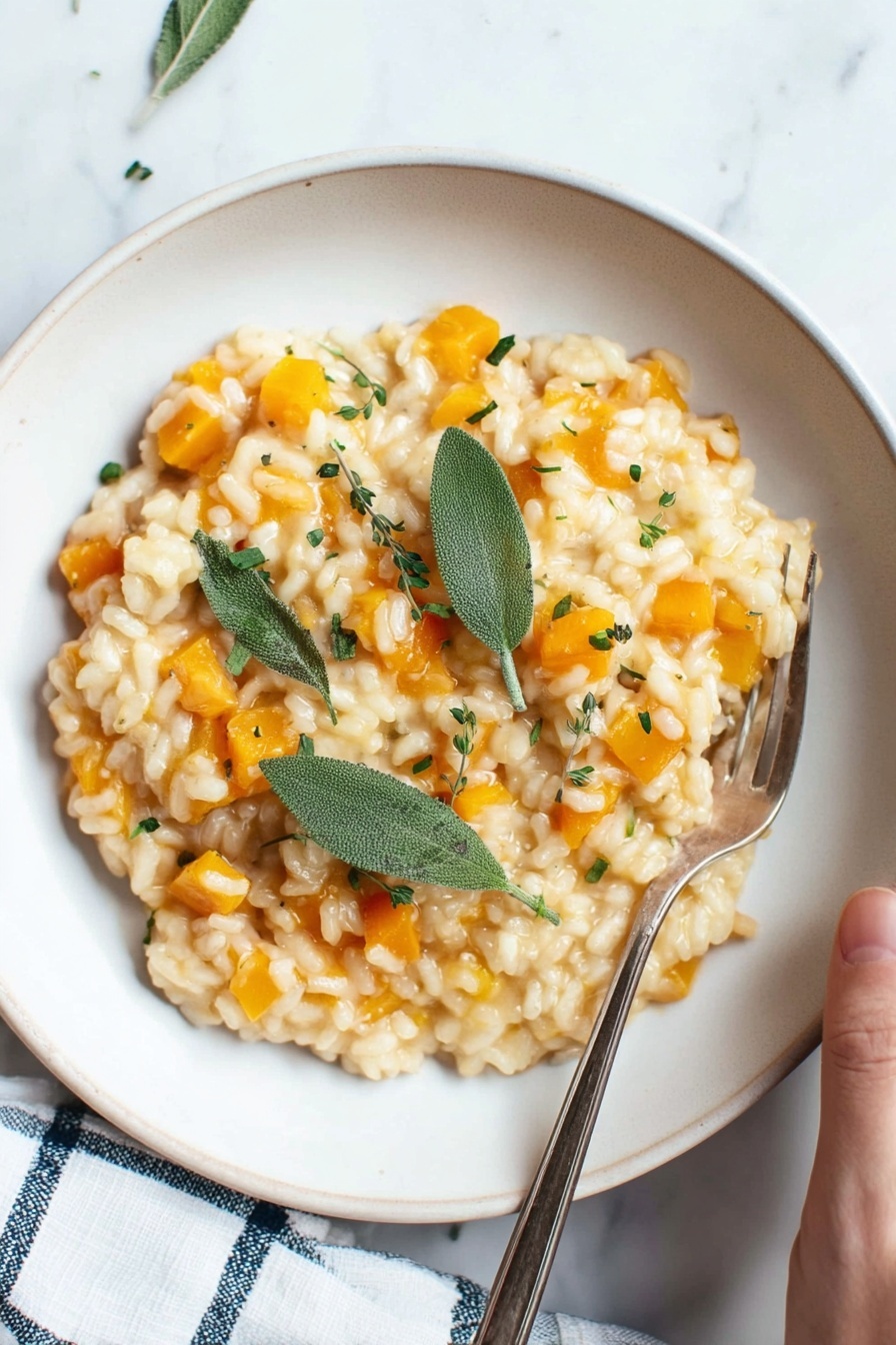 A shallow white plate holds a creamy risotto with visible small orange cubes mixed throughout, likely squash, and sprinkled with finely chopped green herbs. Three whole sage leaves are placed on top, adding a fresh touch. A silver fork rests gently on the side of the risotto, with a woman's hand lightly holding it. The background and surface are a clean white marbled texture, with a white and blue checkered cloth partly visible at the edge. photo taken with an iphone --ar 2:3 --v 7 - Butternut Squash Risotto, creamy butternut squash risotto, easy vegetarian risotto, comforting fall dinner, homemade risotto with butternut squash