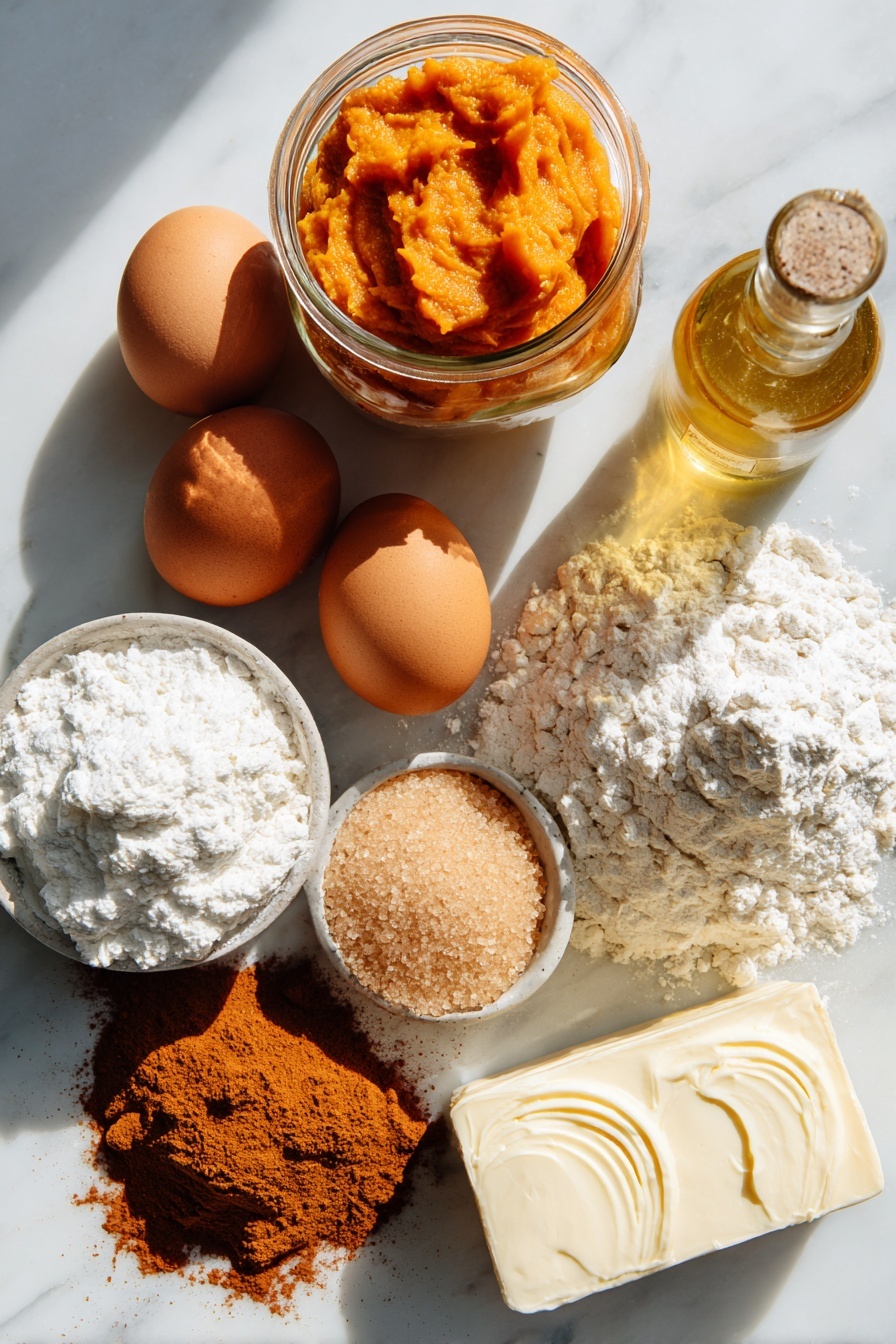 Flat lay of bright orange pumpkin puree in a small glass jar, a mound of soft light brown sugar crystals, golden vegetable oil in a clear bottle, two fresh brown eggs, a heap of pale all-purpose flour, a small pile of warm brown ground cinnamon and ginger powders, smooth white cream cheese block, a swirl of creamy butter, and a dusting of fine white confectioners’ sugar, beautifully arranged with natural light and soft shadows, placed on a white marble surface, photo taken with an iphone --ar 2:3 --v 7 - Pumpkin Whoopie Pies, Pumpkin Whoopie Pies recipe, fall dessert recipes, pumpkin dessert ideas, pumpkin spice treats