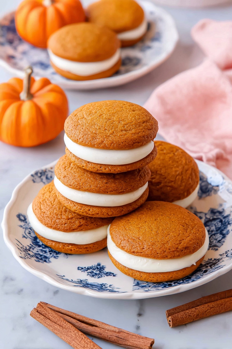The image shows a stack of five round, soft pumpkin sandwich cookies on a white plate with blue floral patterns. Each cookie has two orange-brown spongy layers, with a thick, smooth white cream filling in between. In the background, there is one more cookie on a smaller white plate with the same blue floral design, and two small orange pumpkins. A pink cloth is casually placed near the plate, and two cinnamon sticks lie on the white marbled surface in front. The overall colors are warm and inviting, emphasizing the autumn theme. Photo taken with an iphone --ar 2:3 --v 7 - Pumpkin Whoopie Pies, Pumpkin Whoopie Pies recipe, fall dessert recipes, pumpkin dessert ideas, pumpkin spice treats