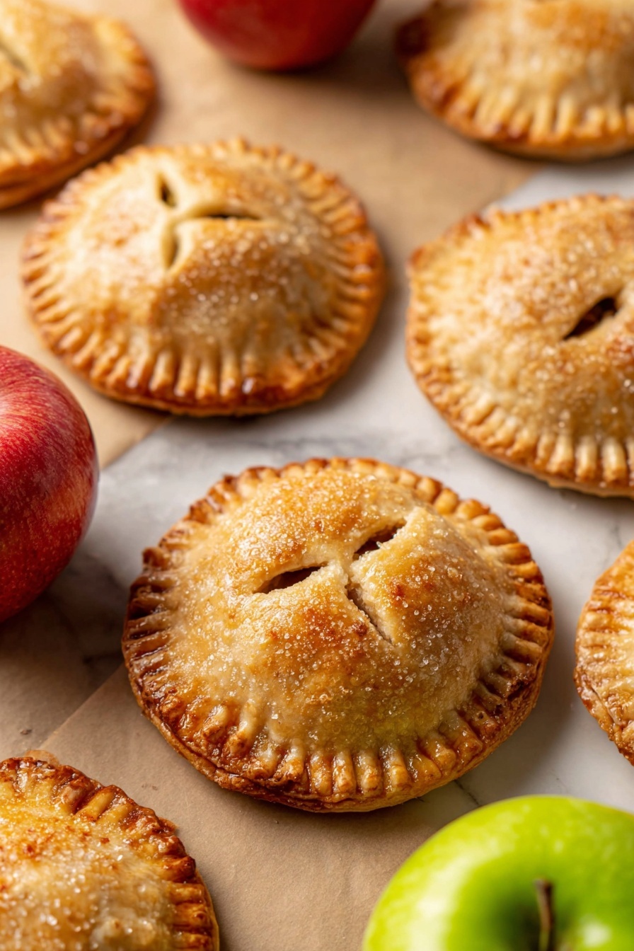 The image shows a stack of three golden-brown hand pies with crimped edges, each pie topped with coarse sugar crystals that add a sparkly texture. Their crusts have a slightly flaky and browned finish, and the top pie has a small round vent hole in the center. Surrounding the pies are whole apples in red and green colors, placed on a white marbled surface with scattered sugar crystals and more hand pies blurred in the background. The overall feeling is warm and inviting with focus on the textures of the baked pies and fresh apples photo taken with an iphone --ar 2:3 --v 7 - Apple Hand Pies, apple hand pies recipe, easy apple hand pies, flaky apple hand pies, cinnamon apple hand pies