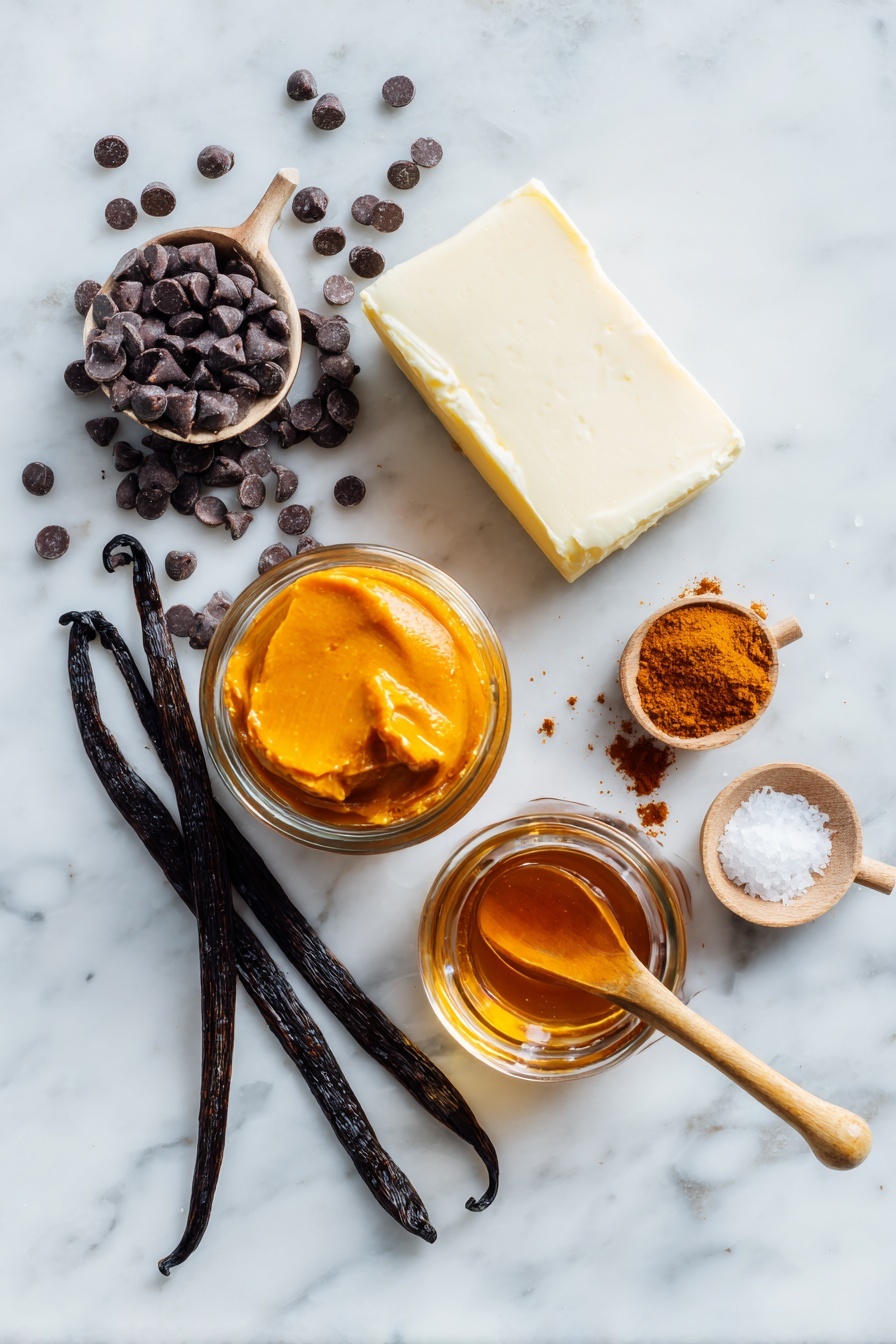 Flat lay of smooth cream cheese block, rich pumpkin puree in a small glass jar, glossy dark chocolate chips scattered artfully, warm cinnamon and other pumpkin pie spices in tiny wooden spoons, vibrant amber maple syrup in a clear bottle, a few flakes of sea salt glistening, and a whole vanilla bean pod gently curved, all beautifully arranged on a white marble surface, photo taken with an iphone --ar 2:3 --v 7 - Pumpkin Cream Cheese Swirl Brownies, fall dessert recipes, pumpkin brownies with cream cheese, pumpkin spice brownies, easy pumpkin dessert