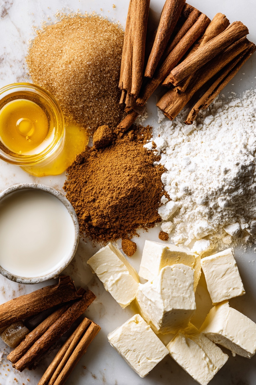 Flat lay of dark brown sugar piled next to a heap of ground cinnamon sticks, golden melted butter pooled softly, a small splash of creamy milk, smooth white powdered sugar dusted lightly, a few cubes of cream cheese, and a scattering of all-purpose flour, all beautifully arranged with warm golden hues and soft shadows, placed on a white marble surface, photo taken with an iphone --ar 2:3 --v 7 - Homemade Cinnamon Rolls with Glaze, cinnamon rolls recipe, soft cinnamon rolls, easy cinnamon roll recipe, homemade pastry treats