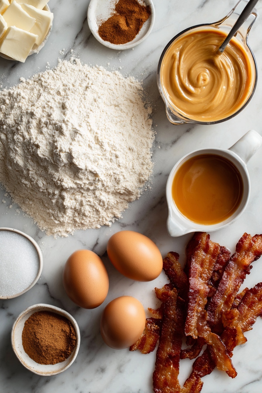 Flat lay of a mound of all-purpose flour dusted with a light sprinkle of ground nutmeg and cinnamon nearby, two large brown eggs resting close to a small pool of melted golden butter, a measuring cup filled with creamy half & half, a neat pile of granulated sugar, a small bowl of smooth maple glaze with a drizzle of vanilla essence visible, and crispy, chopped smoky bacon strips scattered artfully, placed on a white marble surface, photo taken with an iphone --ar 2:3 --v 7 - Maple Donuts with Bacon Garnish, maple bacon donuts, homemade donuts with maple glaze, sweet and savory donuts, bacon-topped donuts