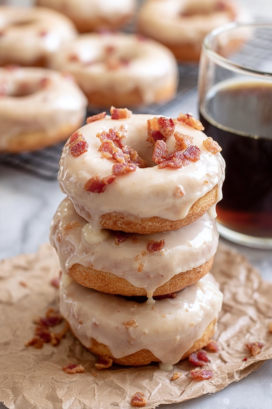 A stack of four round donuts is shown, each donut coated with a shiny light beige glaze. The top donut has small crispy bacon bits scattered on the glaze, some bits also falling onto the ones below. The donuts have a soft, golden-brown texture visible under the glaze. The stack sits on crumpled brown parchment paper with a white marbled background. In the blurry background, more donuts are on a cooling rack. To the right of the stack, a clear glass cup of dark coffee stands, partially in view. Photo taken with an iphone --ar 2:3 --v 7 - Maple Donuts with Bacon Garnish, maple bacon donuts, homemade donuts with maple glaze, sweet and savory donuts, bacon-topped donuts