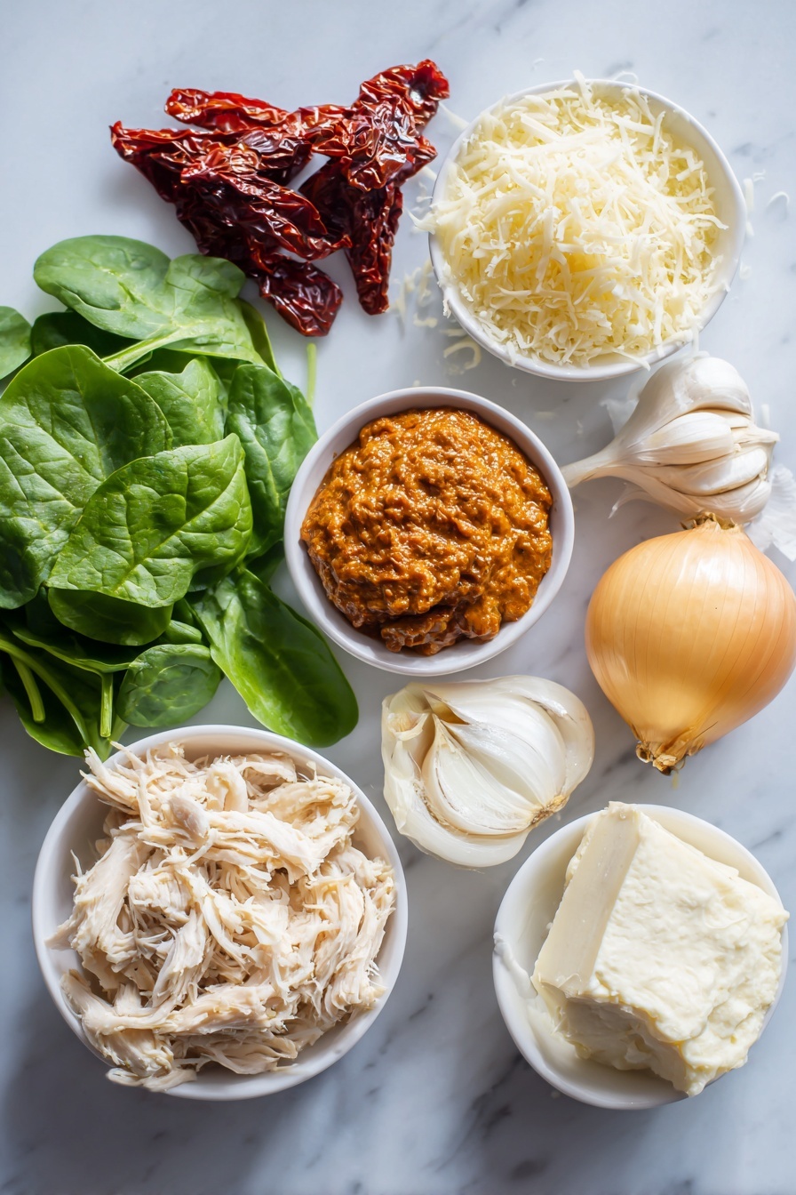 Flat lay of vibrant sun-dried tomatoes, a whole yellow onion, several garlic cloves, a smooth dollop of rich tomato paste, fresh baby spinach leaves, shredded cooked chicken, a block of creamy cream cheese, and a small pile of grated parmesan cheese, all beautifully arranged in a balanced composition with contrasting colors and textures, placed on a white marble surface, photo taken with an iphone --ar 2:3 --v 7 - Marry Me Chicken Soup, creamy chicken soup, comforting chicken soup recipe, easy one-pot chicken soup, sun-dried tomato chicken soup